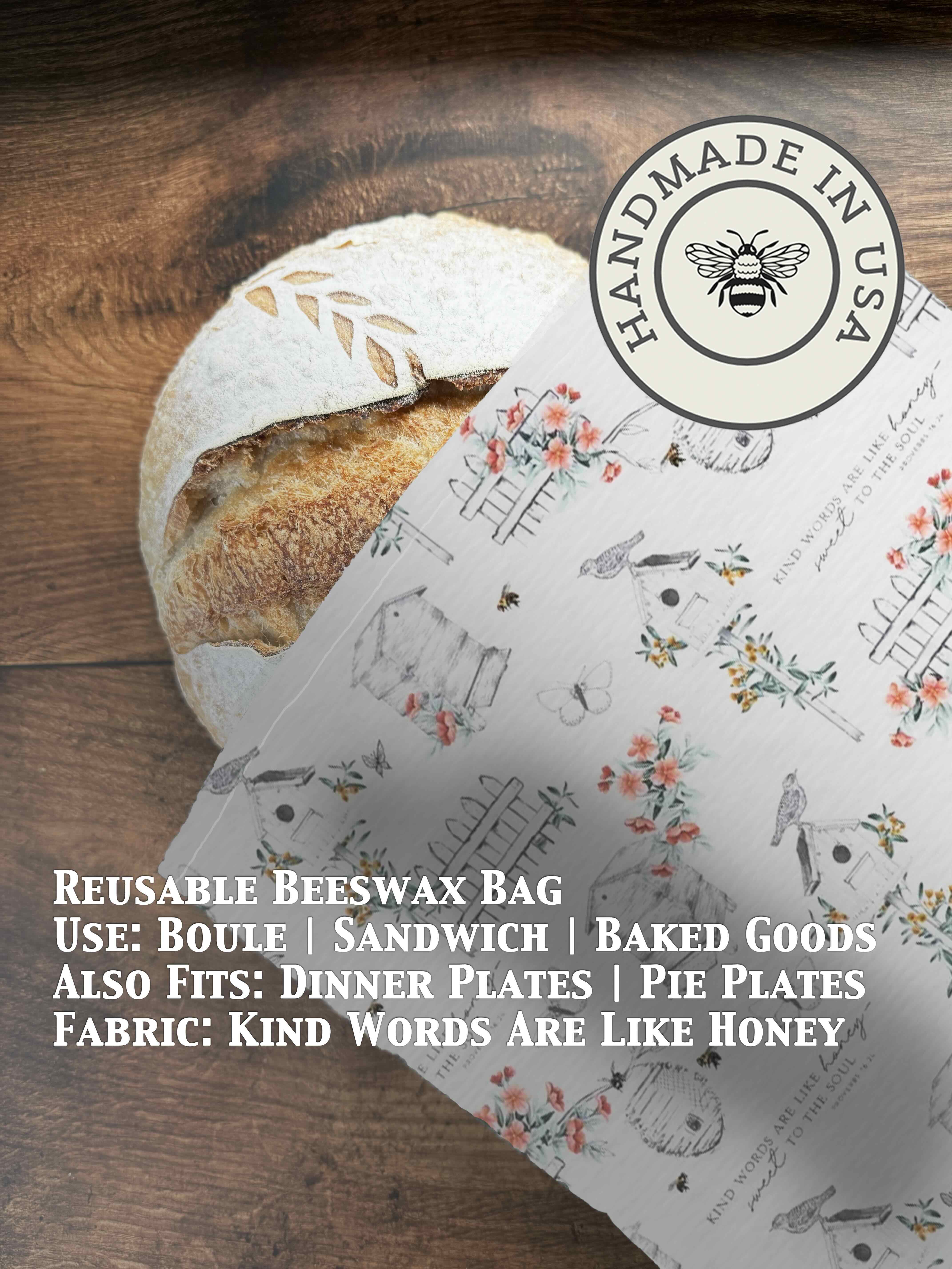 Beeswax bread bag in Kind Words print — organic cotton, plastic-free