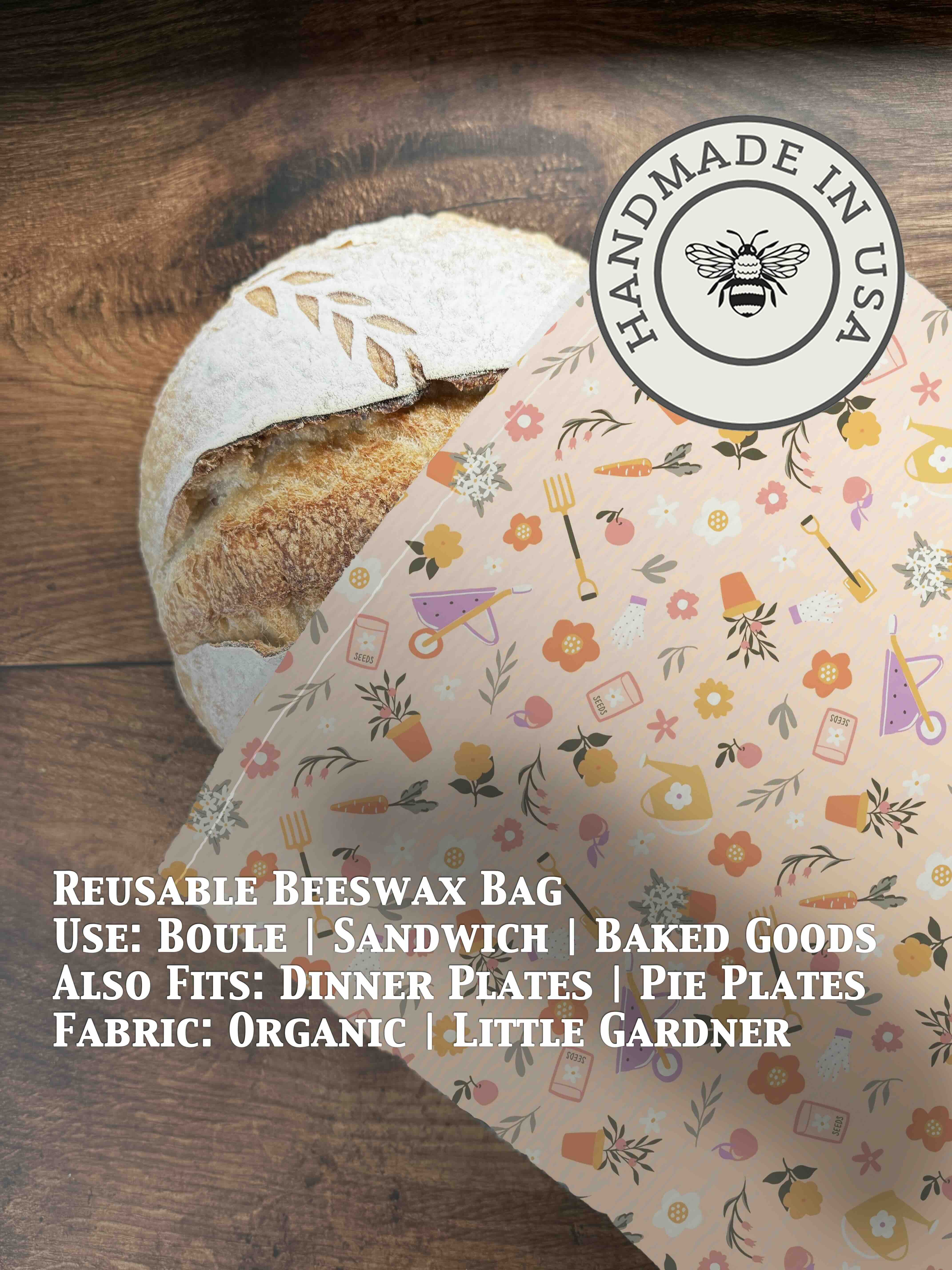 Beeswax bread bag in Little Gardener print — organic cotton, plastic-free