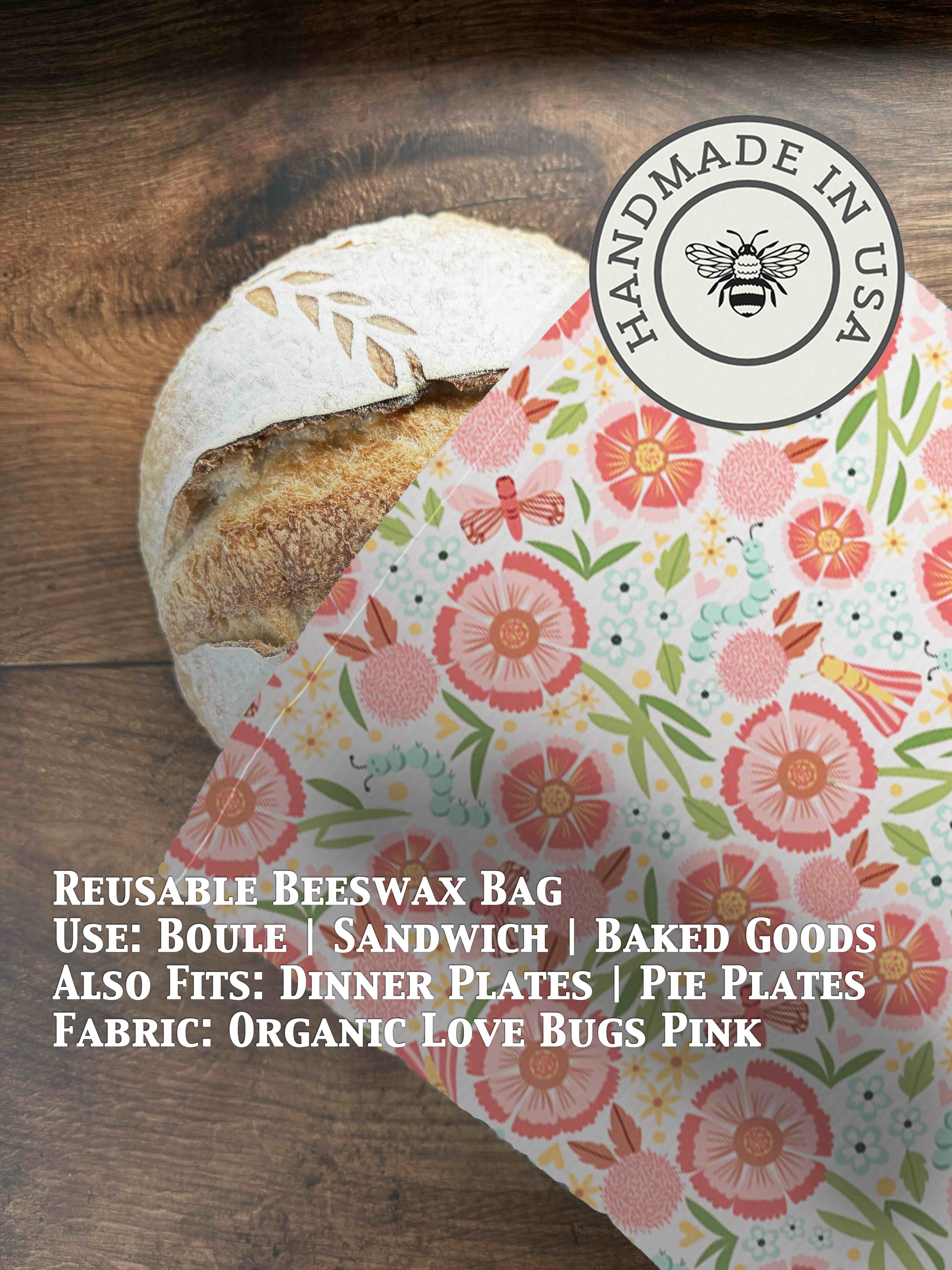 Beeswax bread bag in Love Bugs Pink print — organic cotton, plastic-free