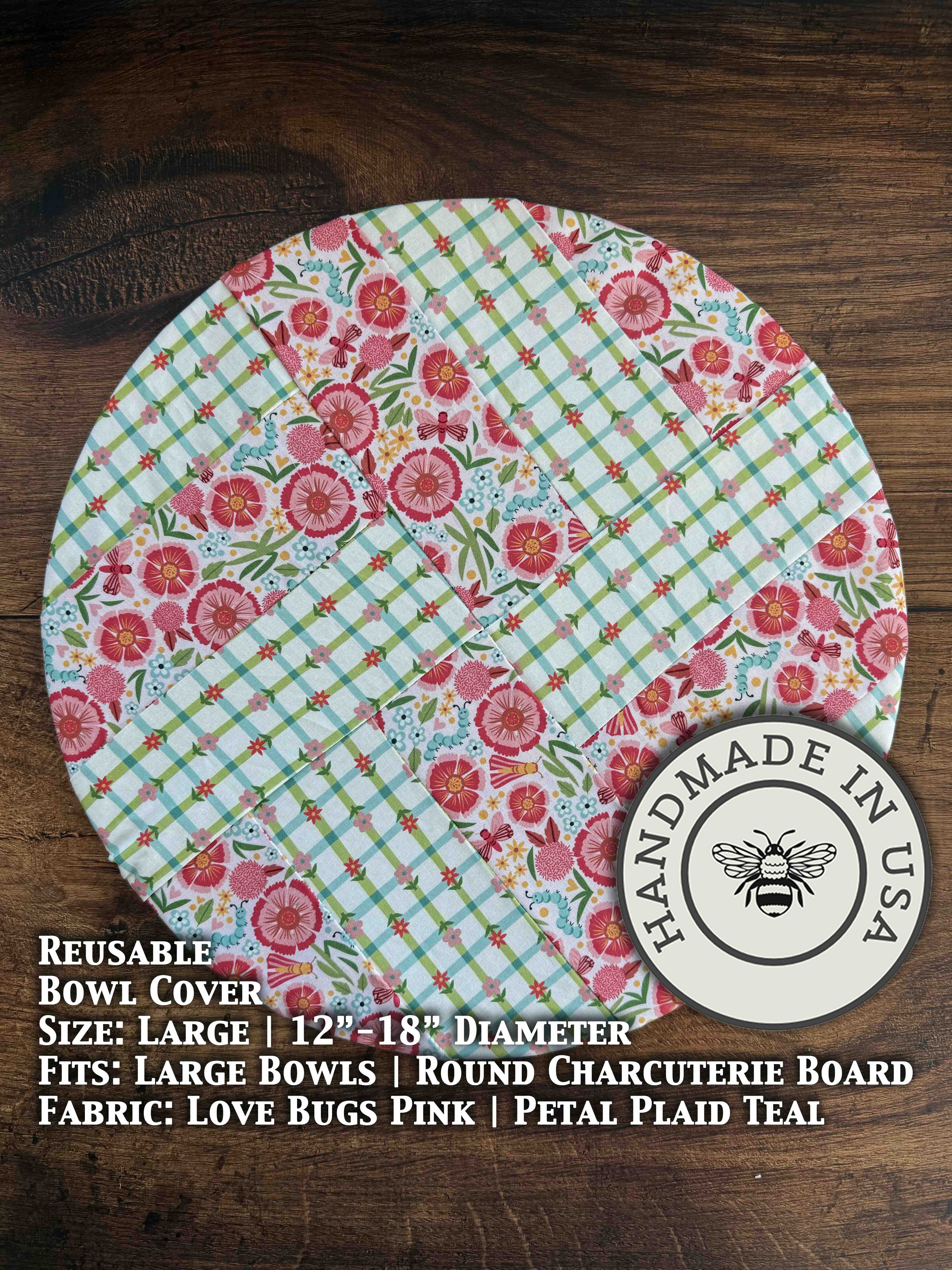 Large cotton bowl cover in Love Bugs Pink pattern — reusable, plastic-free, Five Oaks Farm