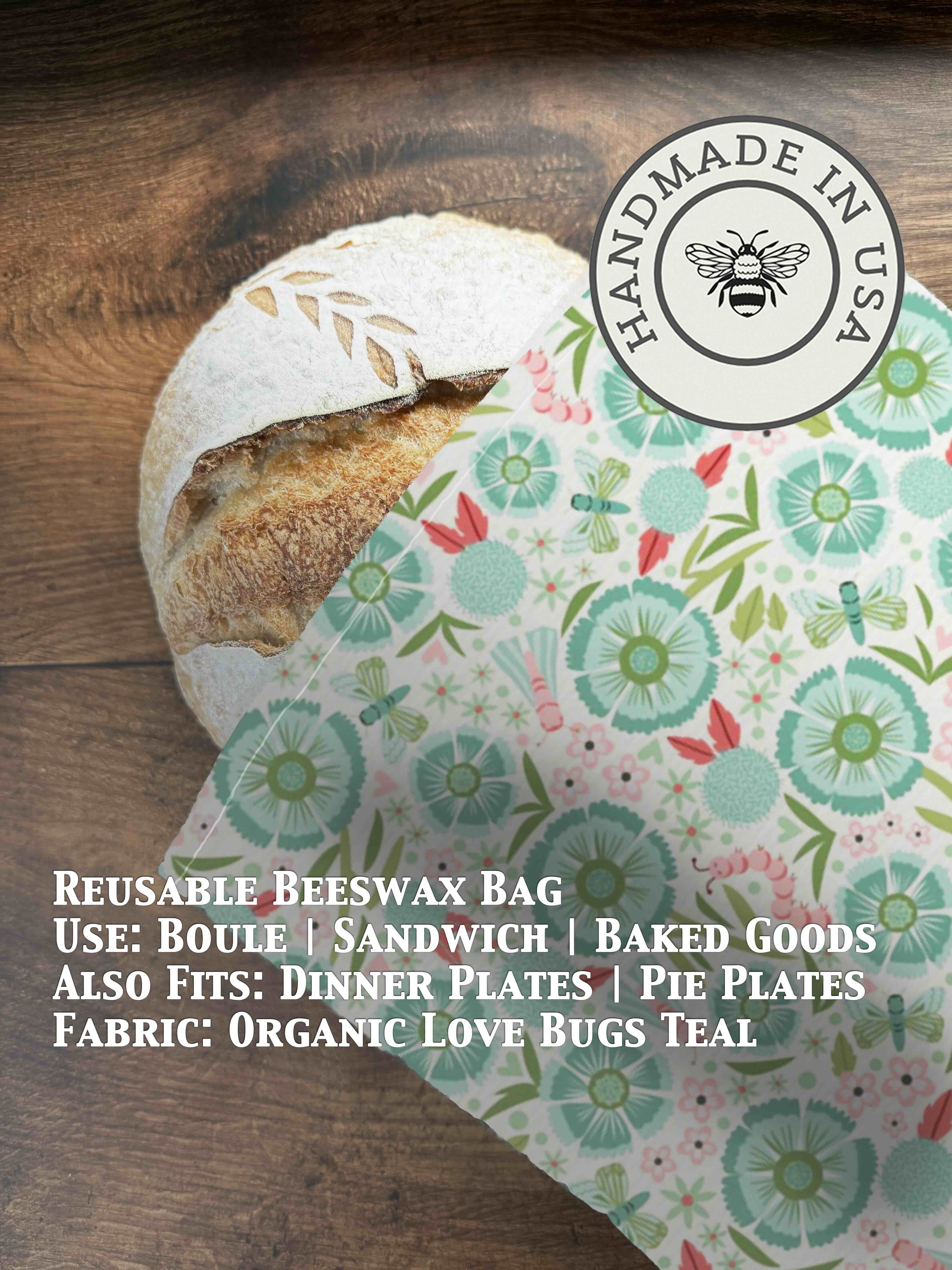 Beeswax bread bag in Love Bugs Teal print — organic cotton, plastic-free