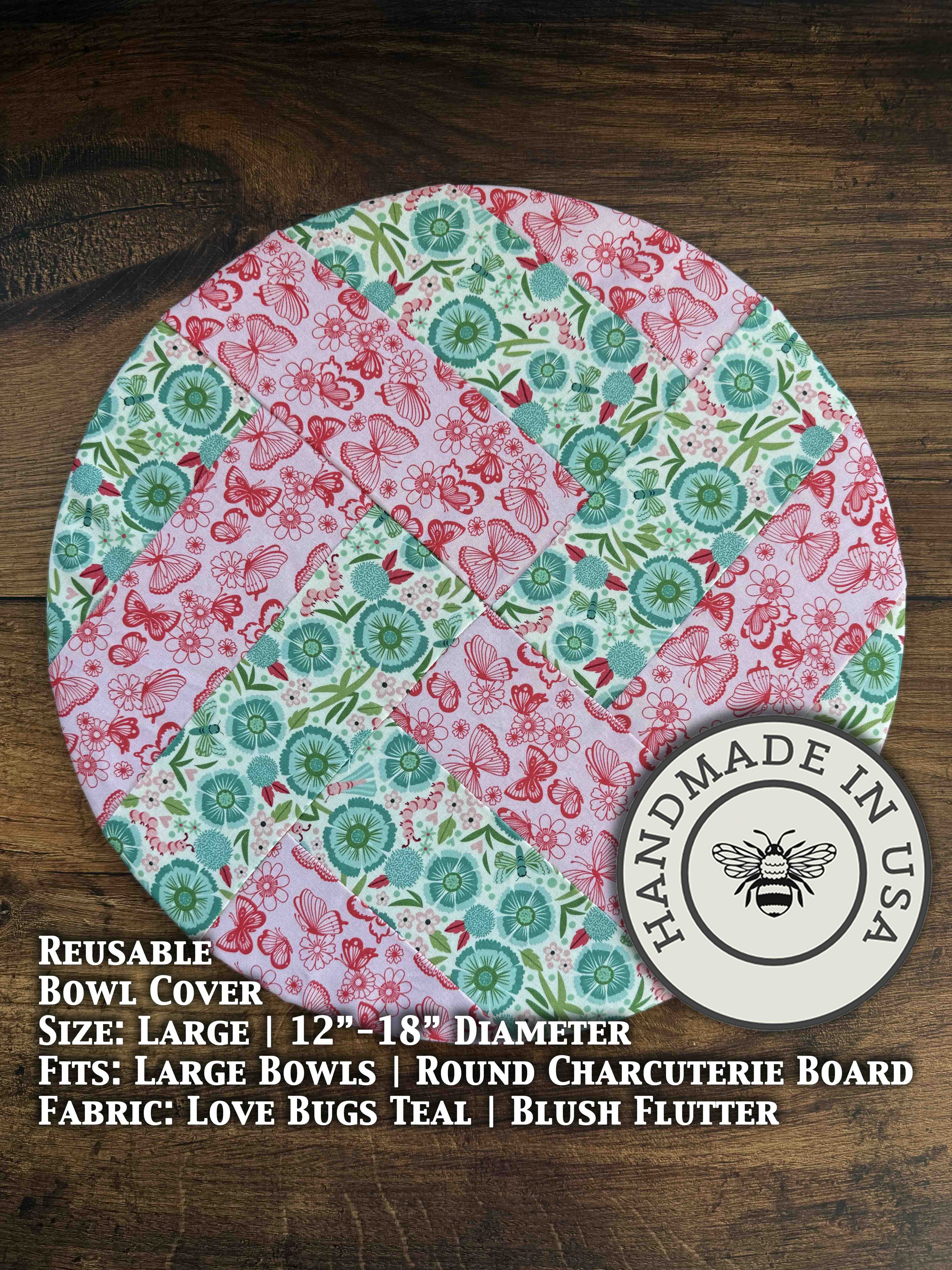 Large cotton bowl cover in Love Bugs Teal pattern — reusable, plastic-free, Five Oaks Farm