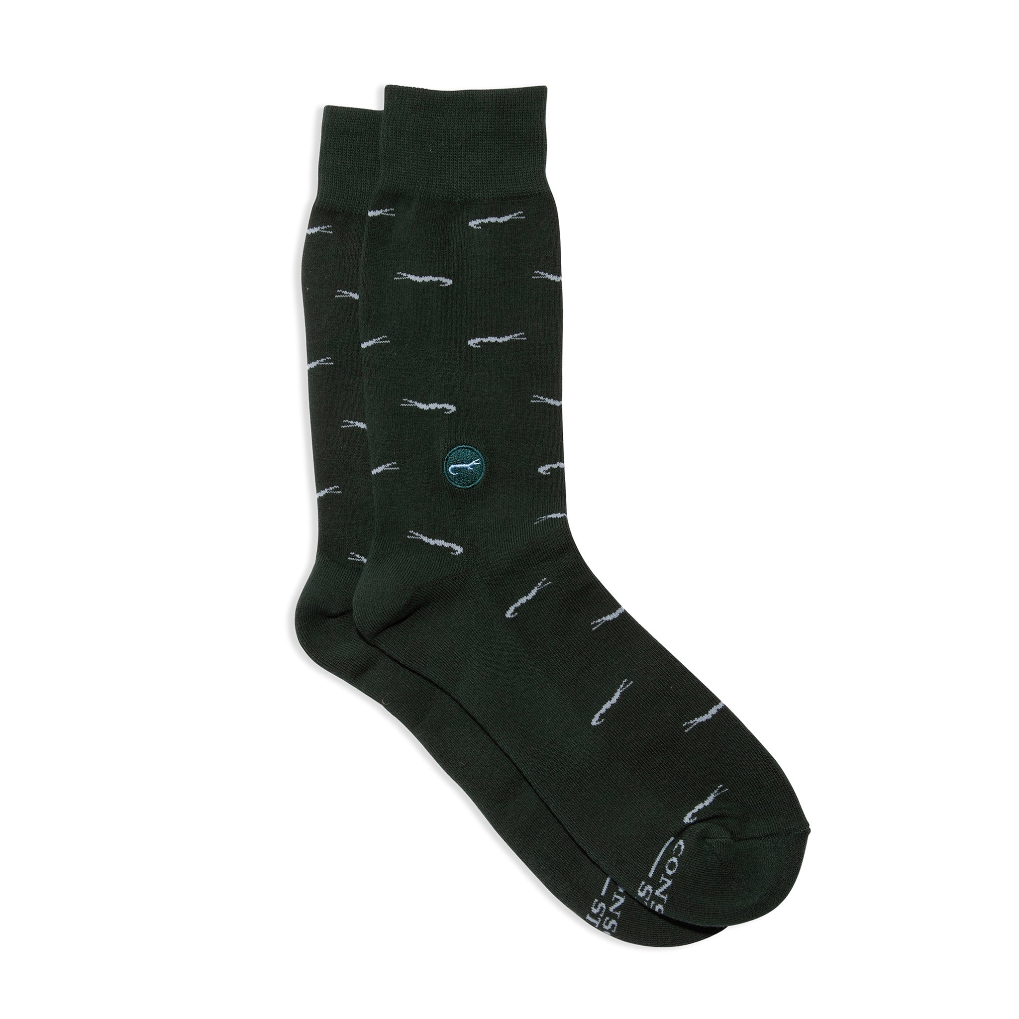 Socks that Protect Crocodiles by Conscious Step — forest green organic cotton crew socks with blue crocodiles
