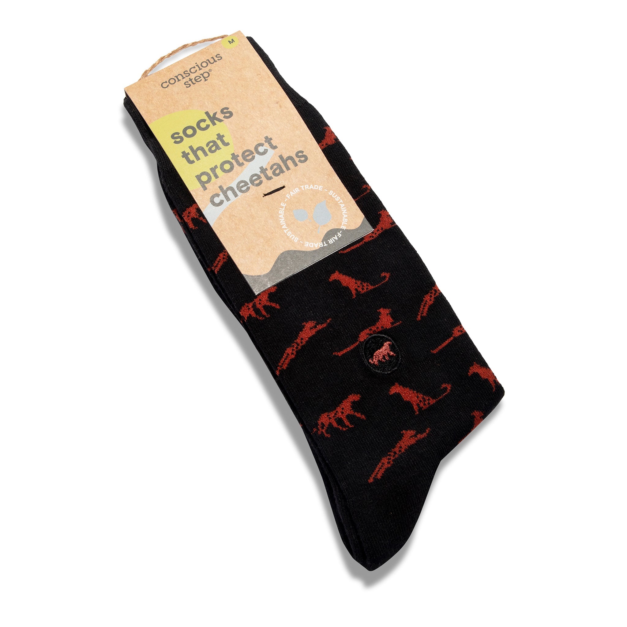 Black and orange cheetah-print organic cotton crew socks — Conscious Step