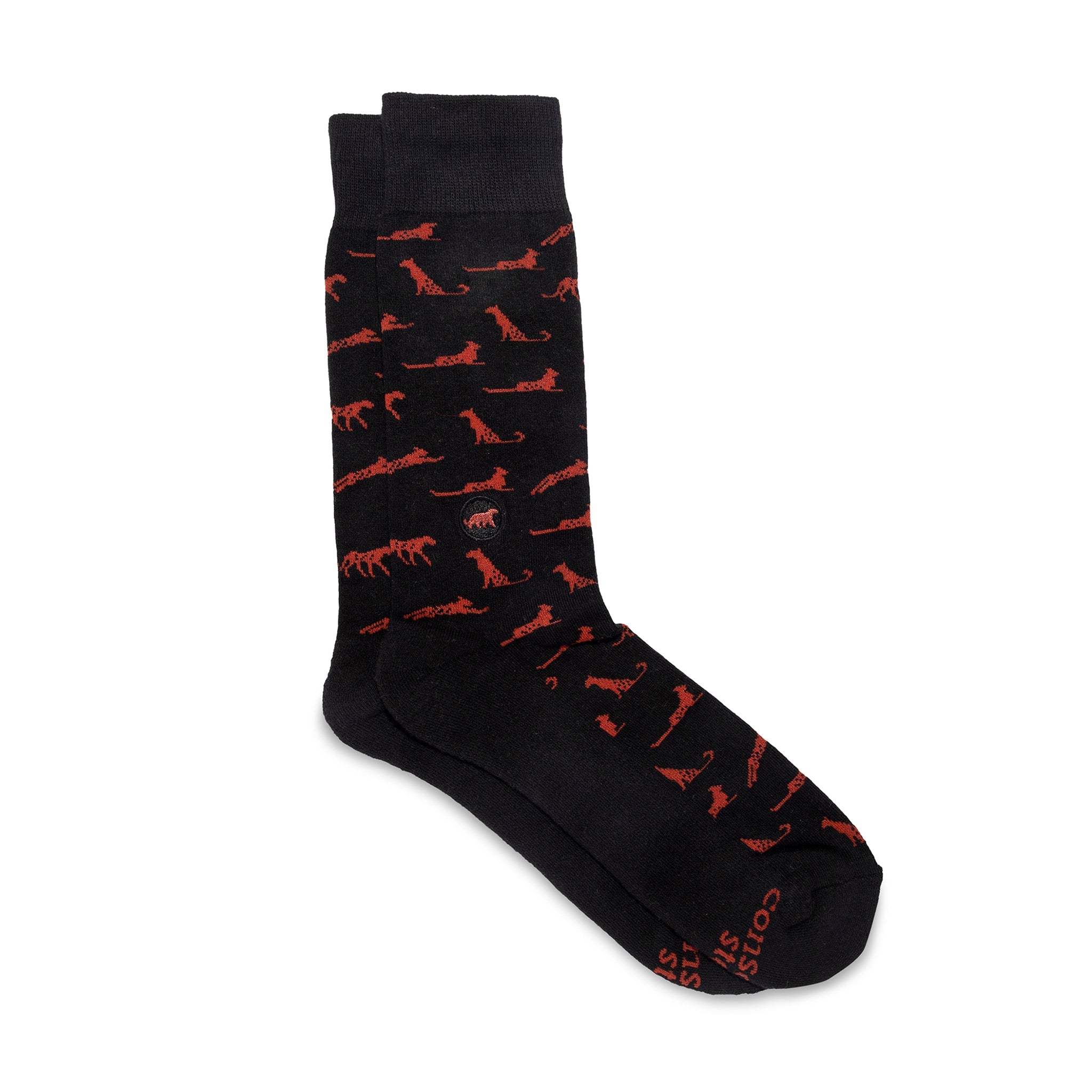 Socks that Protect Cheetahs by Conscious Step — black and orange organic cotton crew socks