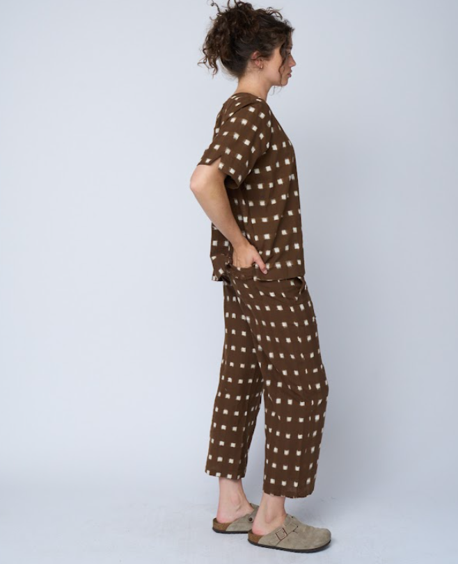 Mare Boxy Cropped Shirt Ikat Squares Mocha
