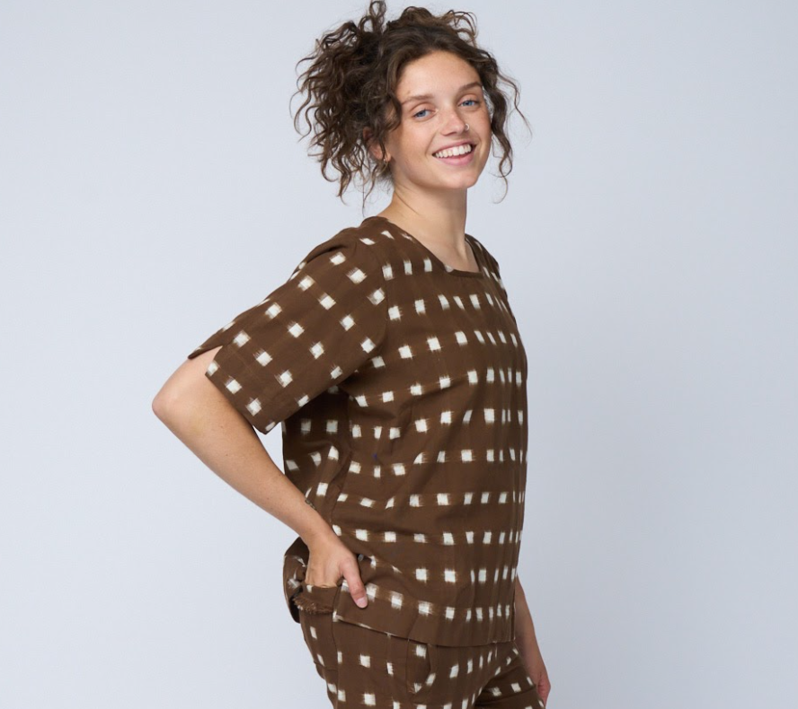 Mare Boxy Cropped Shirt Ikat Squares Mocha
