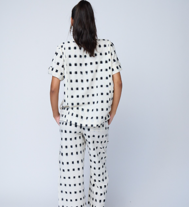 Mare Boxy Cropped Shirt Ikat Squares - Natural Black