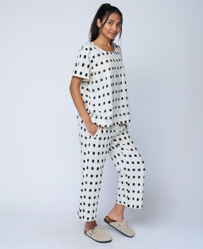Mare Boxy Cropped Shirt Ikat Squares - Natural Black