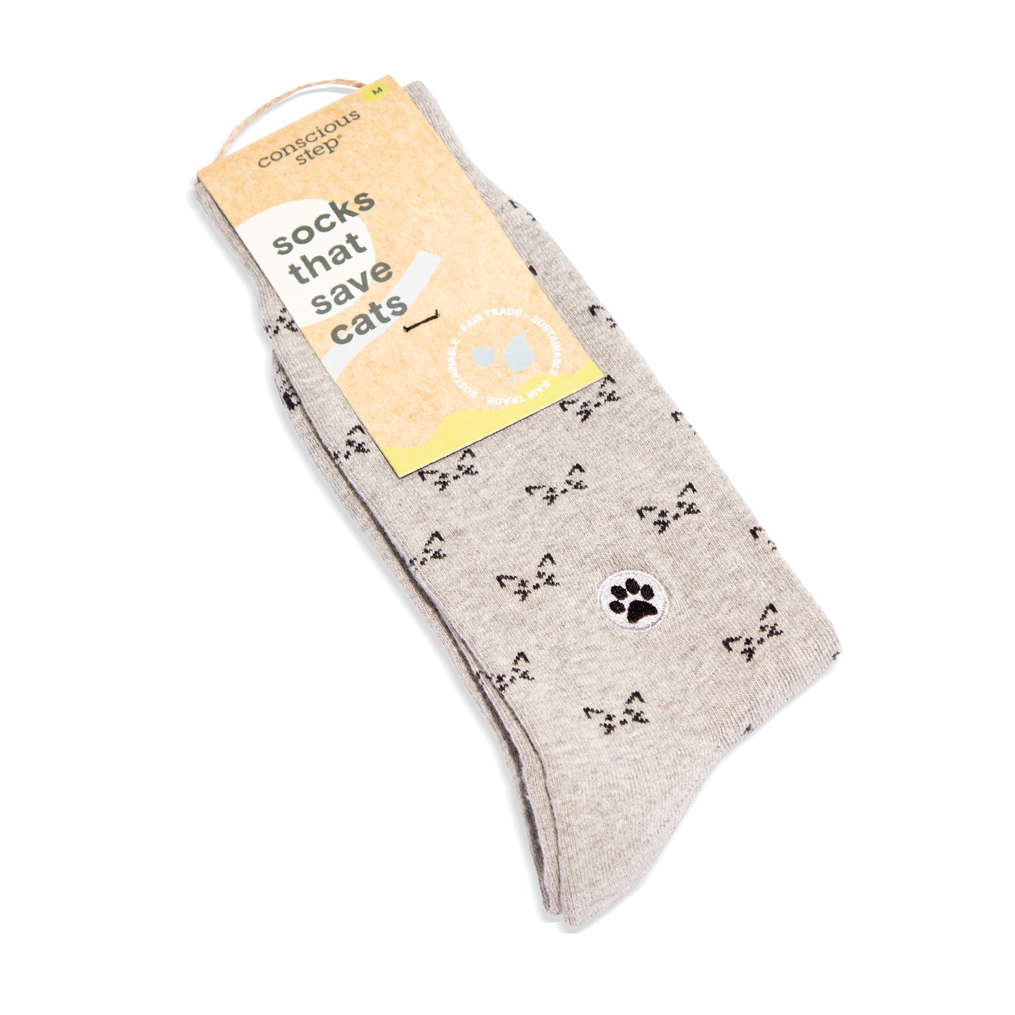 Gray cat-pattern organic cotton crew socks — Conscious Step