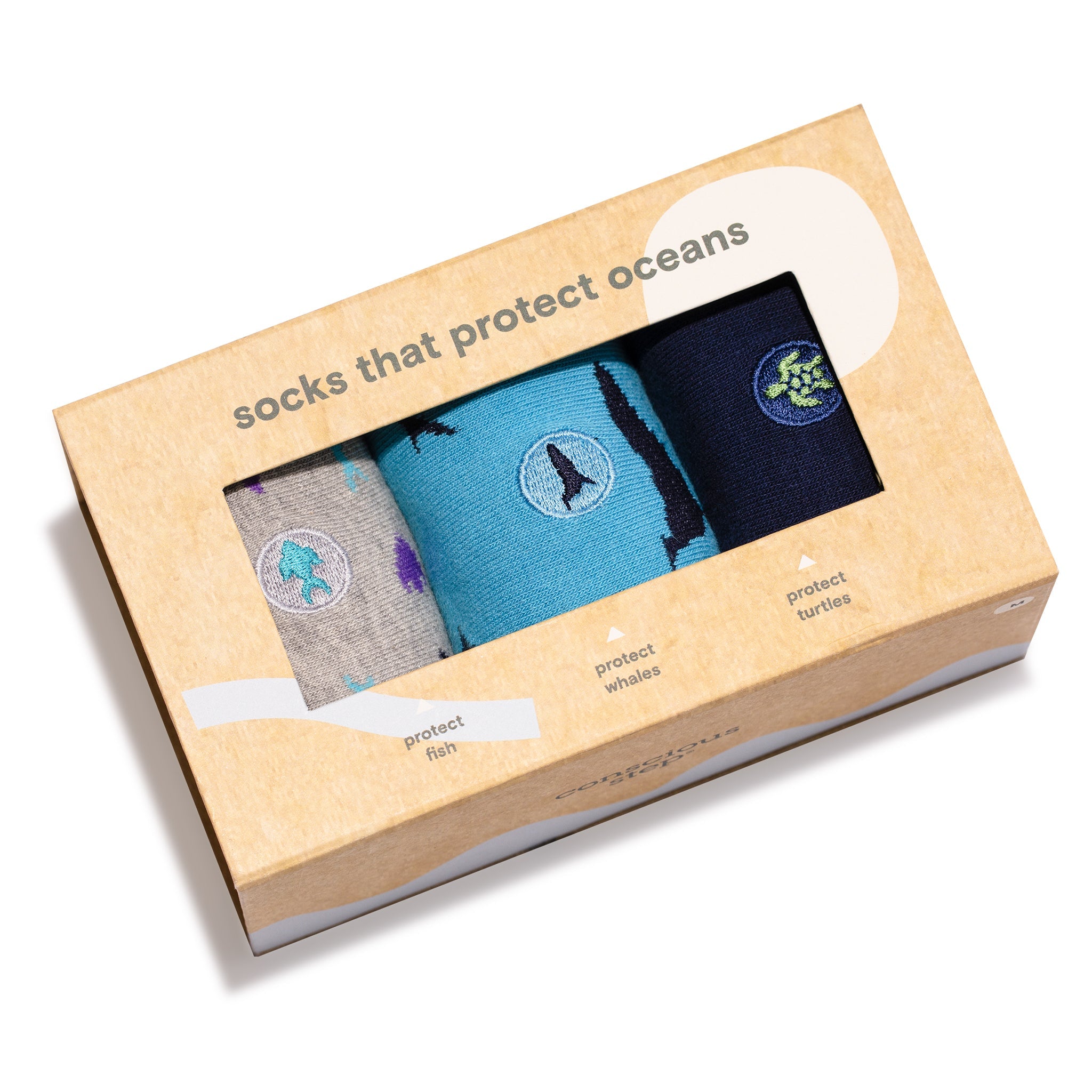 Protect Oceans Gift Box — organic cotton crew socks with sea turtles, fish & whales, gives back