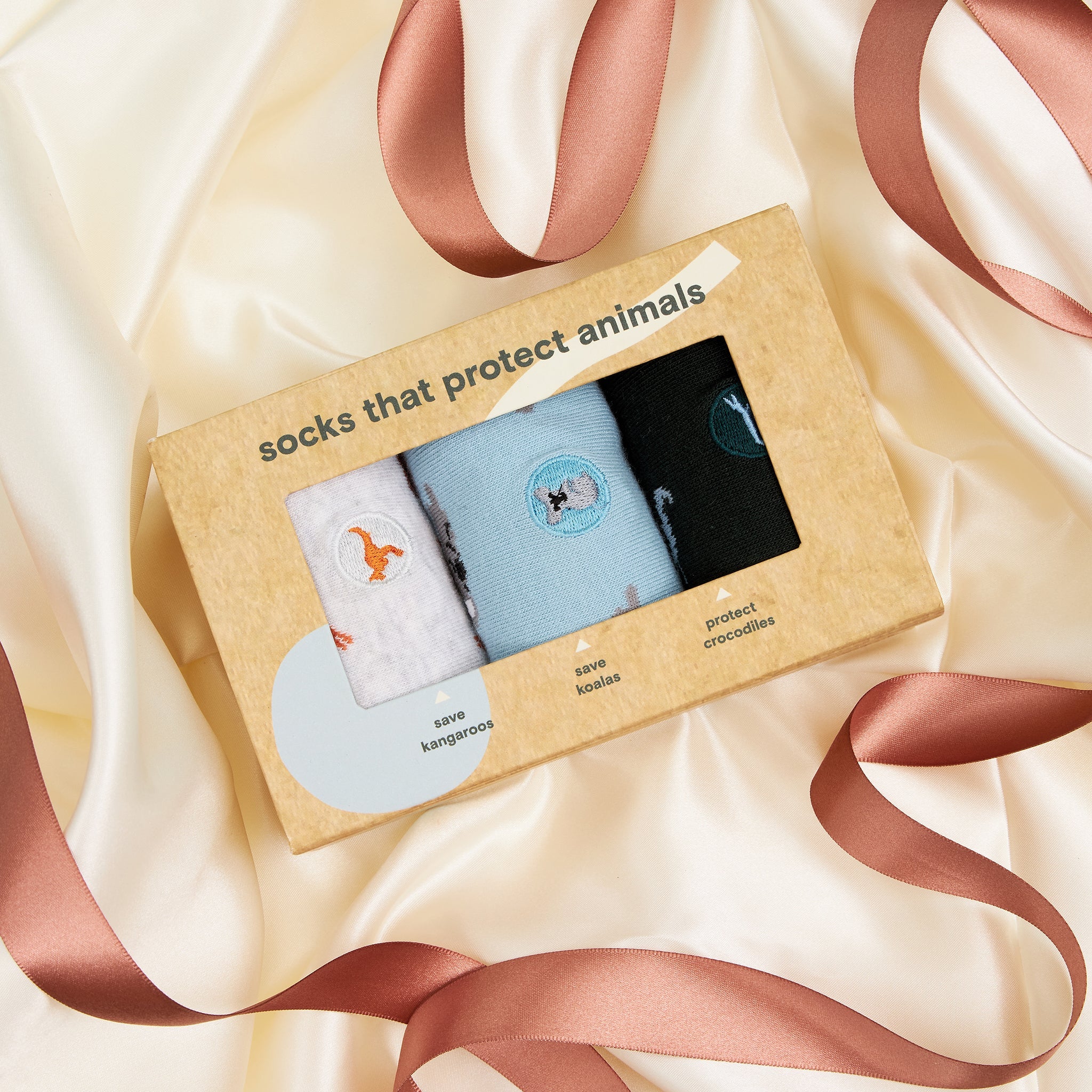 Protect Animals Gift Box — organic cotton crew socks: kangaroos, crocodiles & koalas, gives back