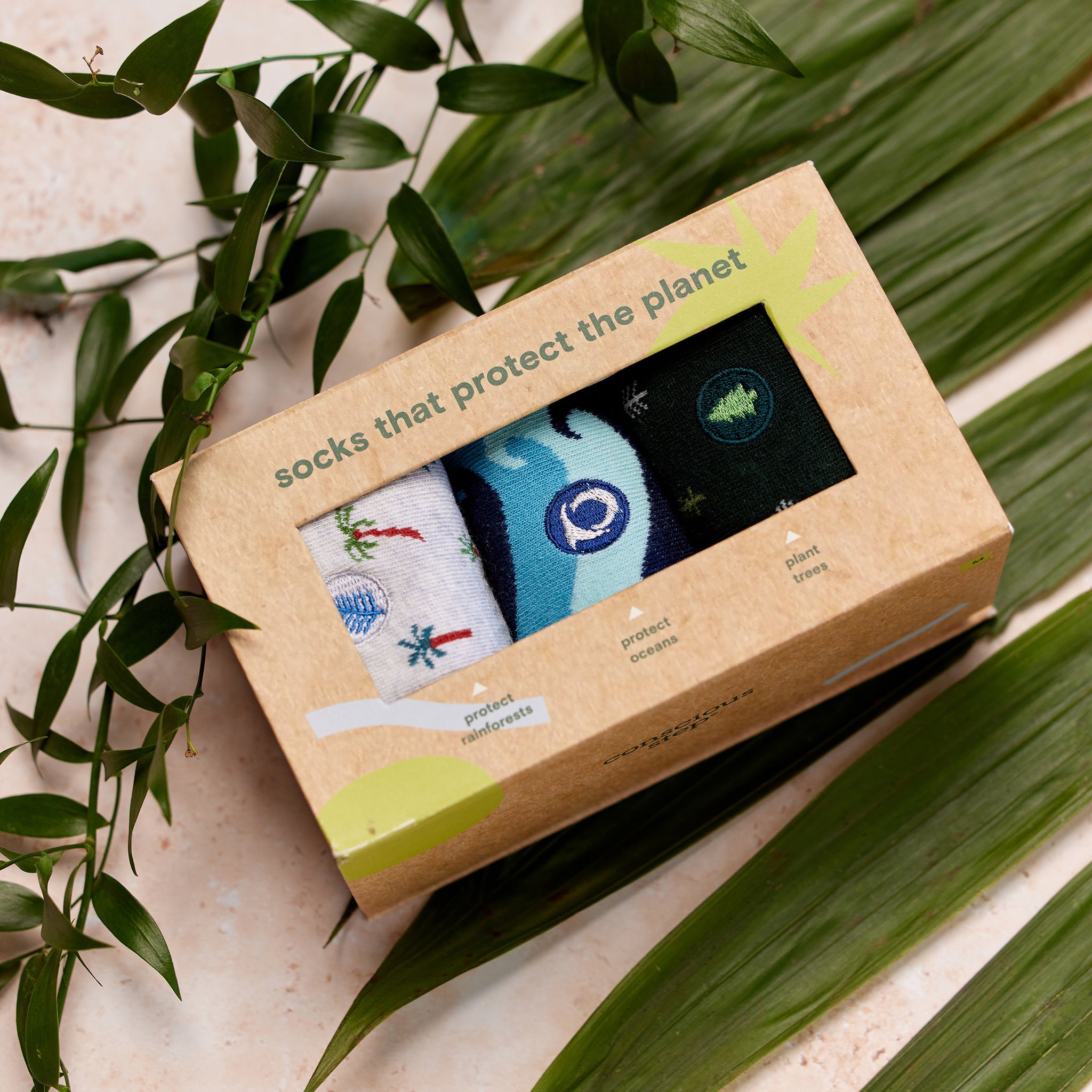 Protect the Planet Gift Box — organic cotton crew socks with waves, trees & palms, gives back