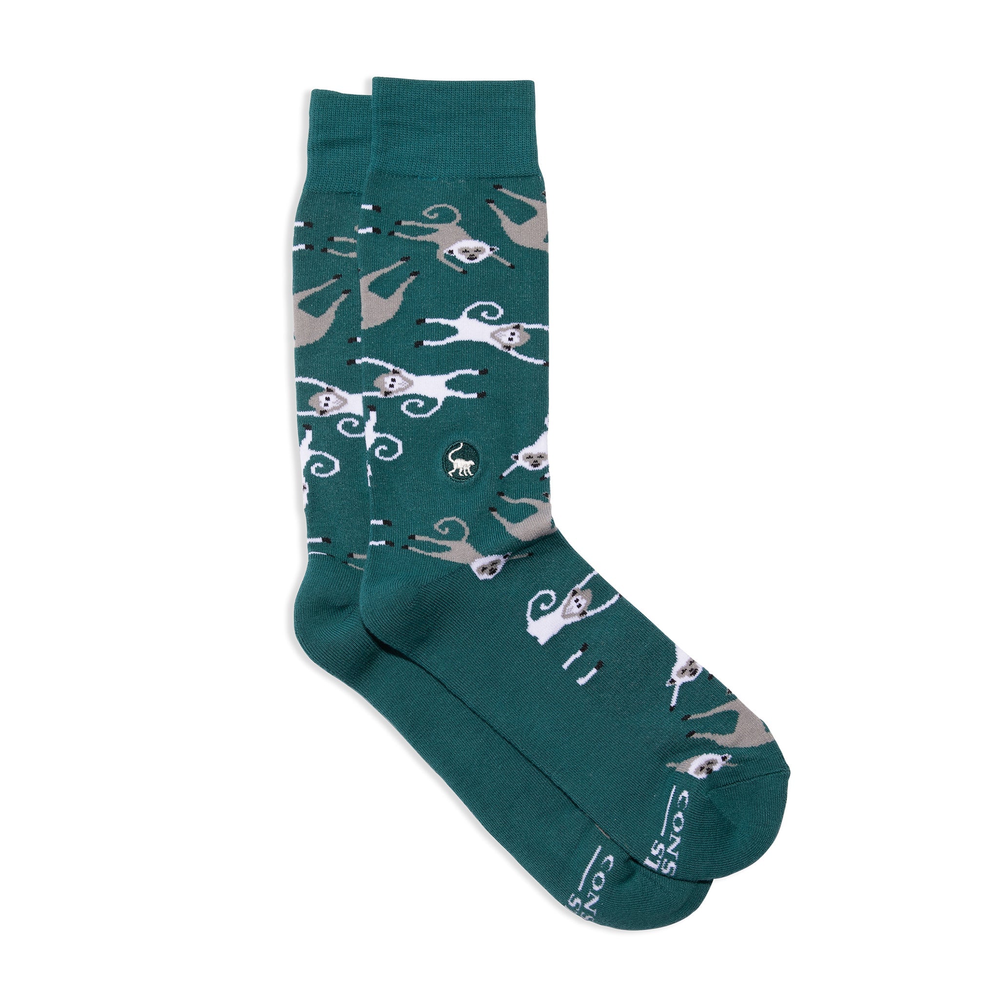 Socks that Protect Monkeys by Conscious Step — teal organic cotton crew socks with monkeys