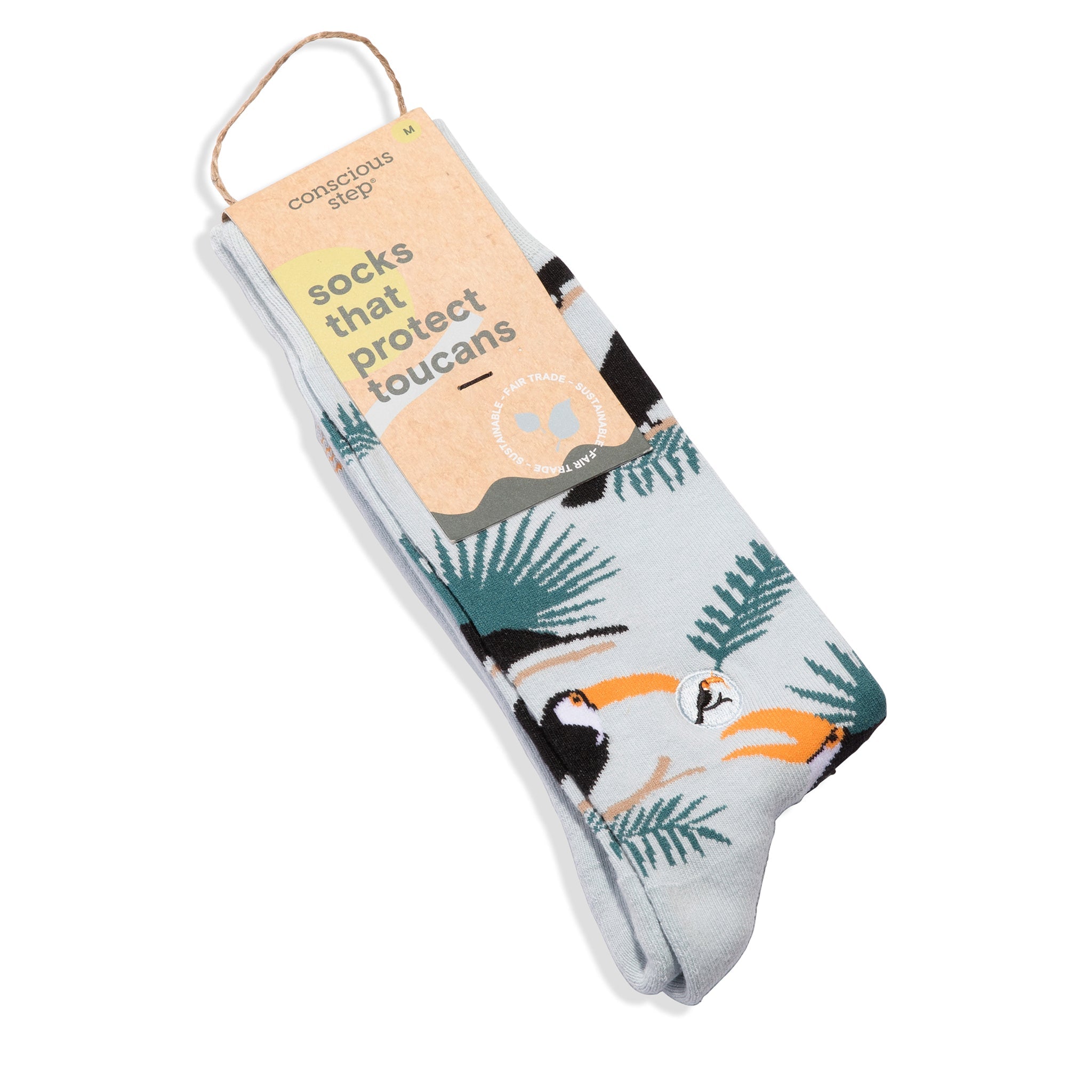 Light blue palm-and-toucan organic cotton crew socks — Conscious Step