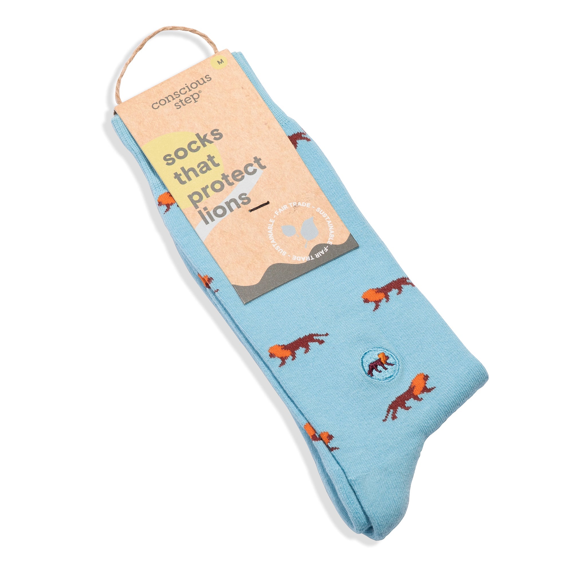 Light blue lion-pattern organic cotton crew socks — Conscious Step