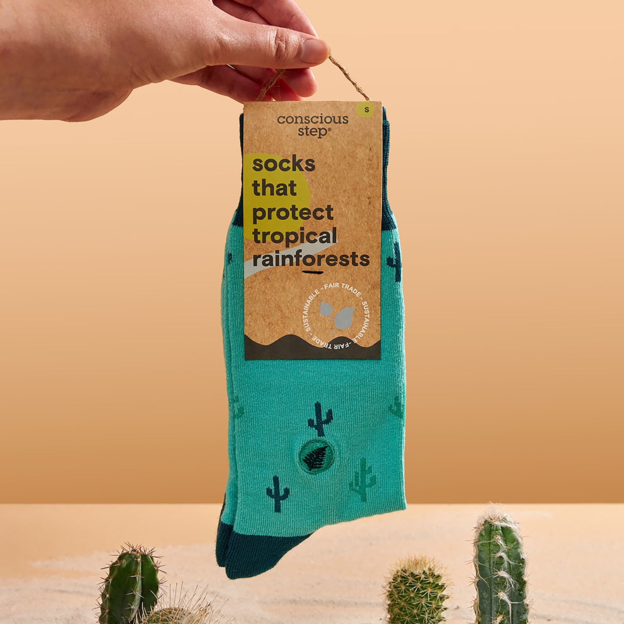 Green cactus and tropical-leaf organic cotton crew socks — Conscious Step