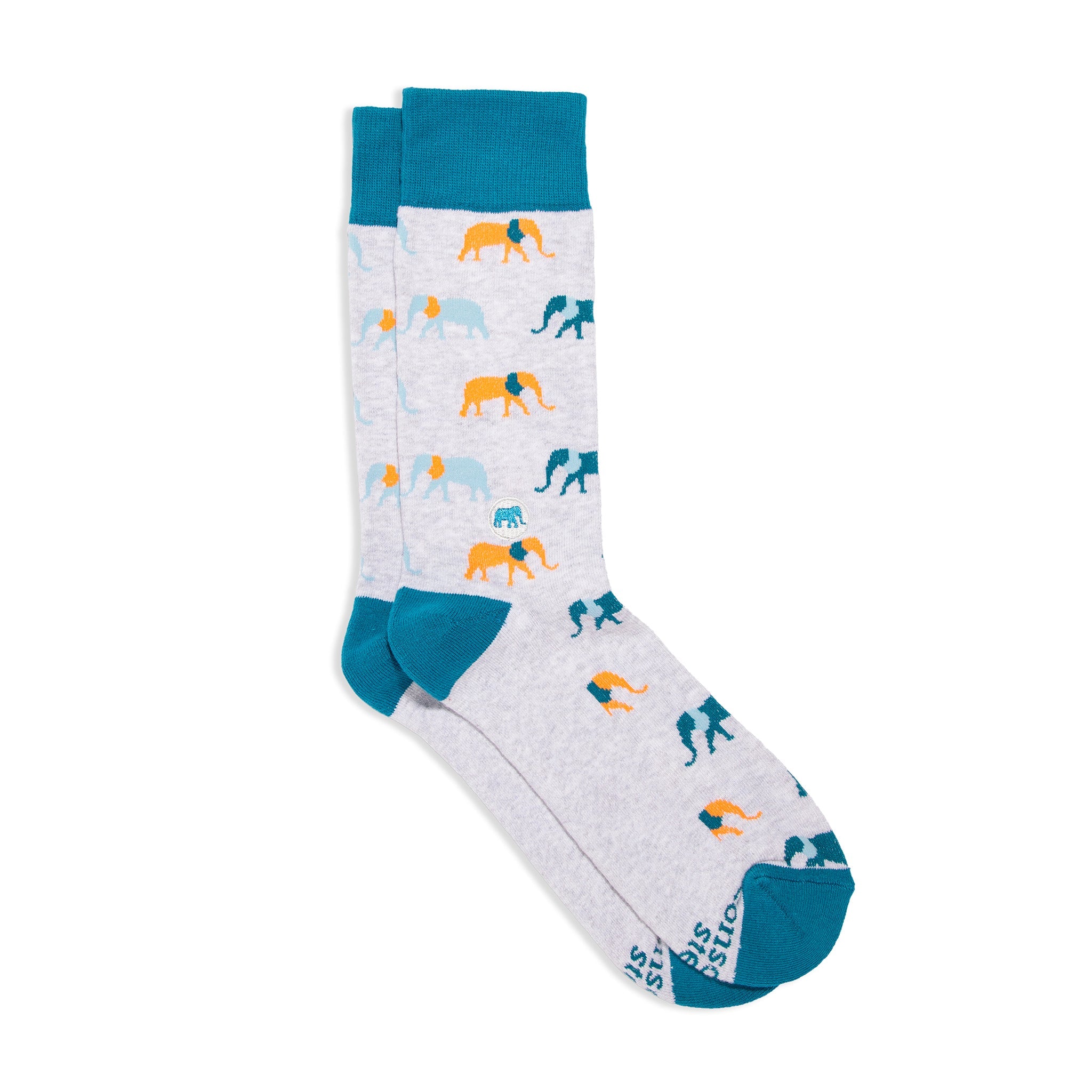 Gray organic cotton crew socks with orange and blue elephants — Conscious Step