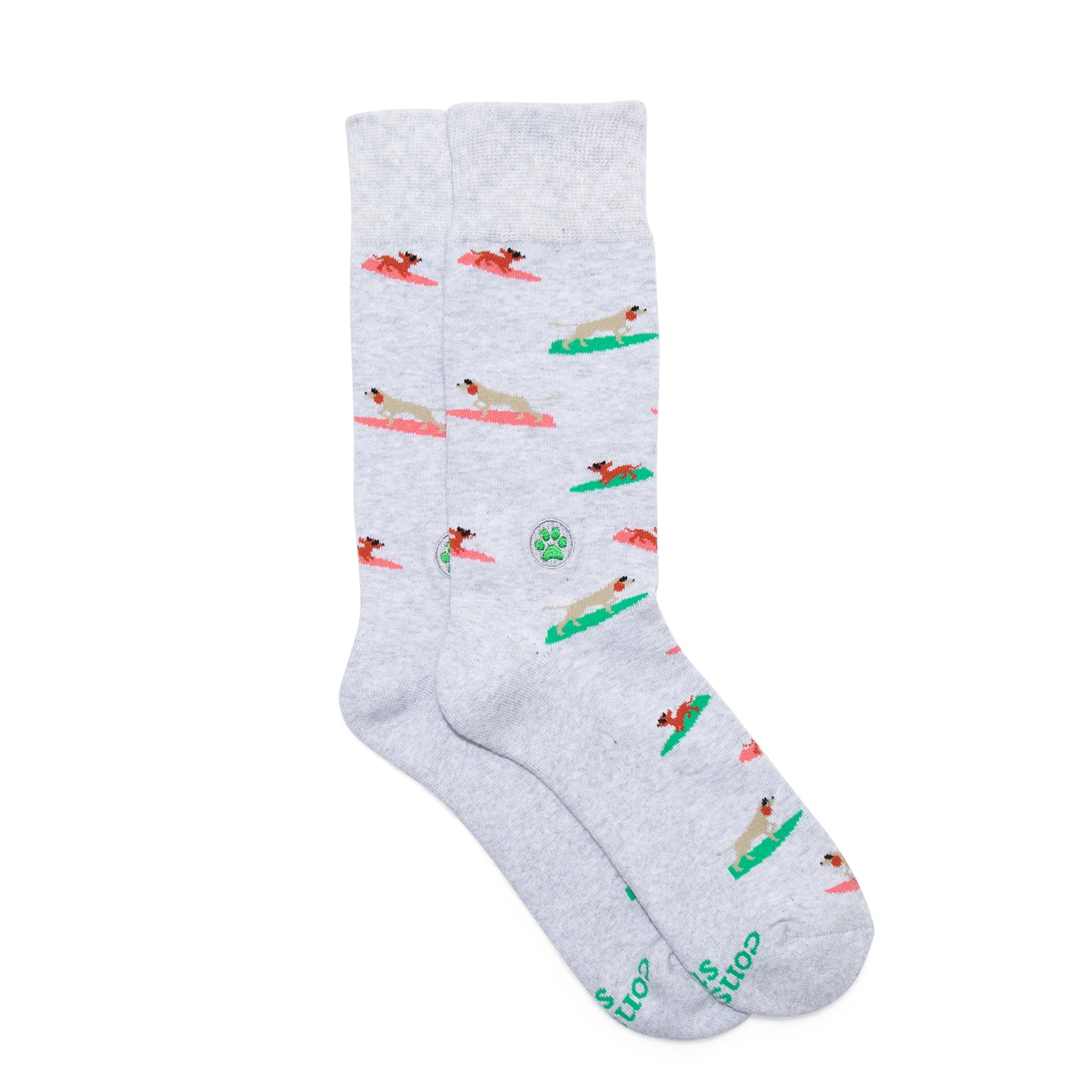Socks that Save Dogs by Conscious Step — gray organic cotton crew socks with surfing pups