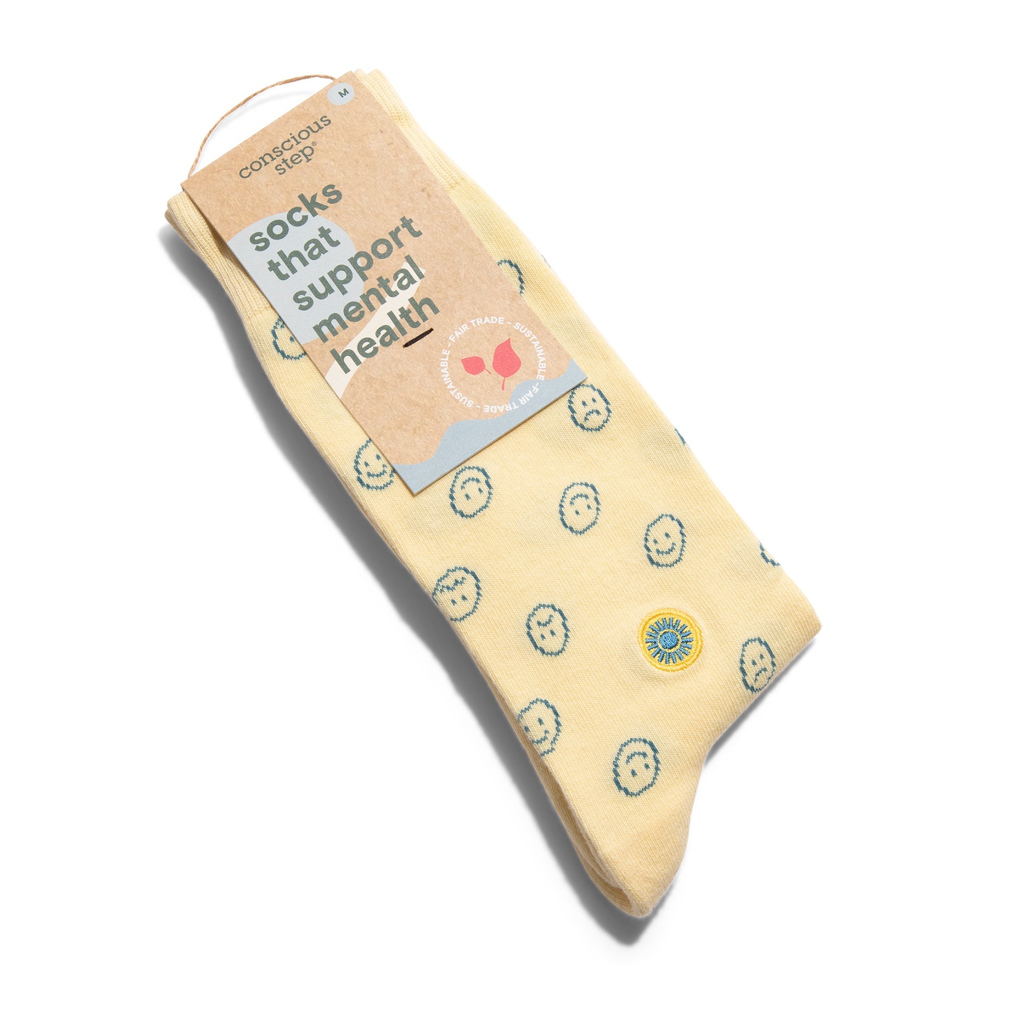 Yellow smiley-face organic cotton crew socks — Conscious Step