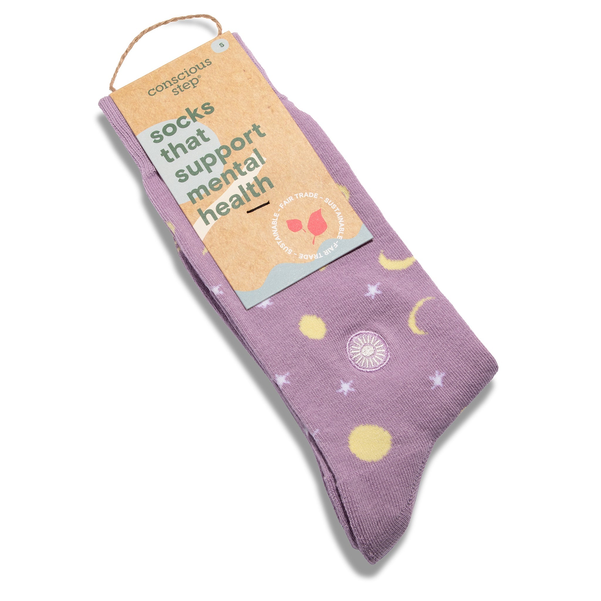 Celestial moon-phase organic cotton crew socks with sunshine embroidery — Conscious Step