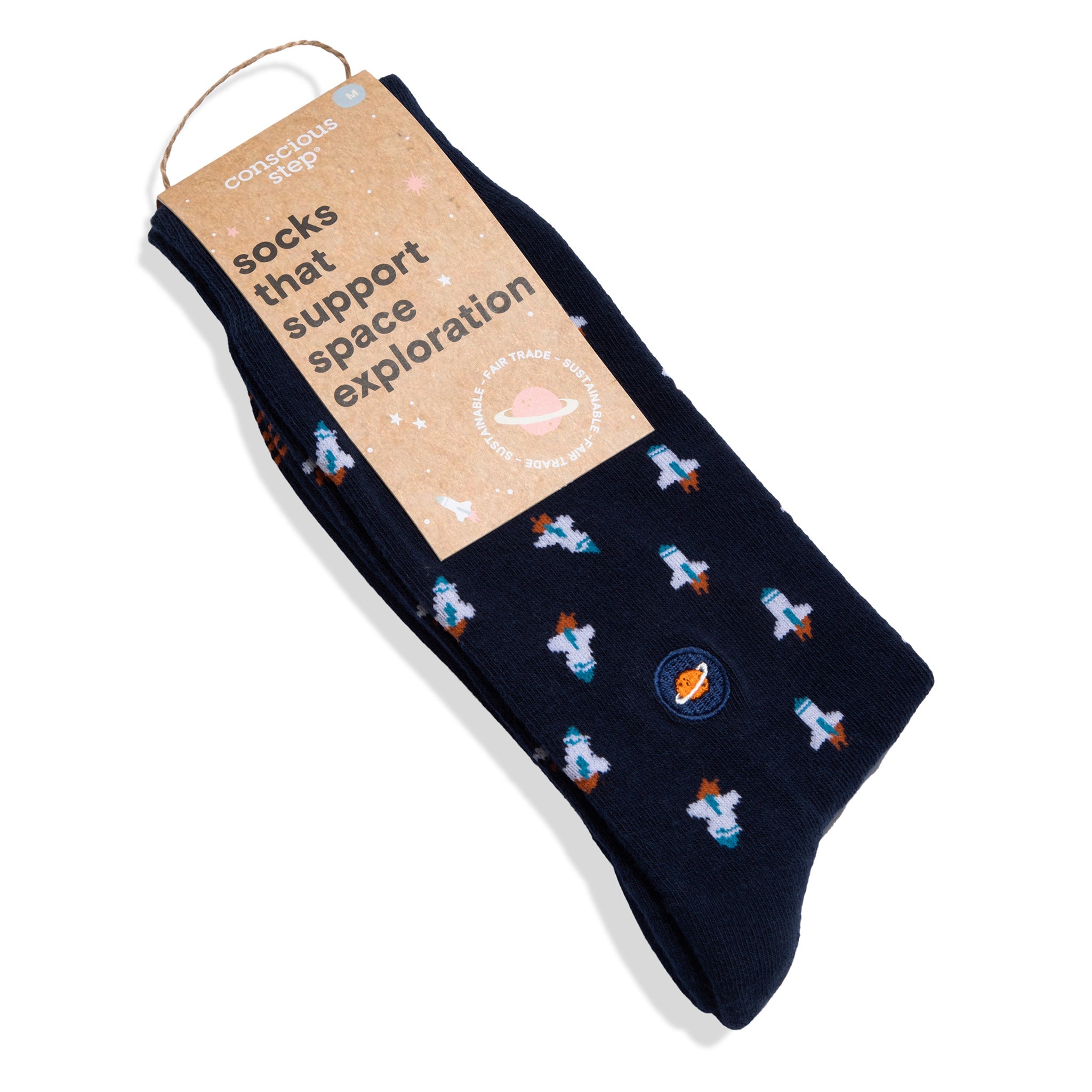 Navy rocket-ship organic cotton crew socks with planet embroidery — Conscious Step