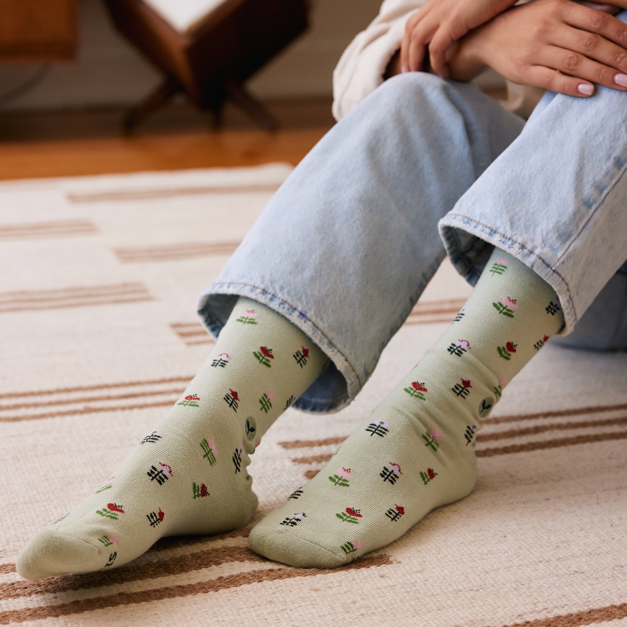 Close-up of floral sock pattern — Conscious Step