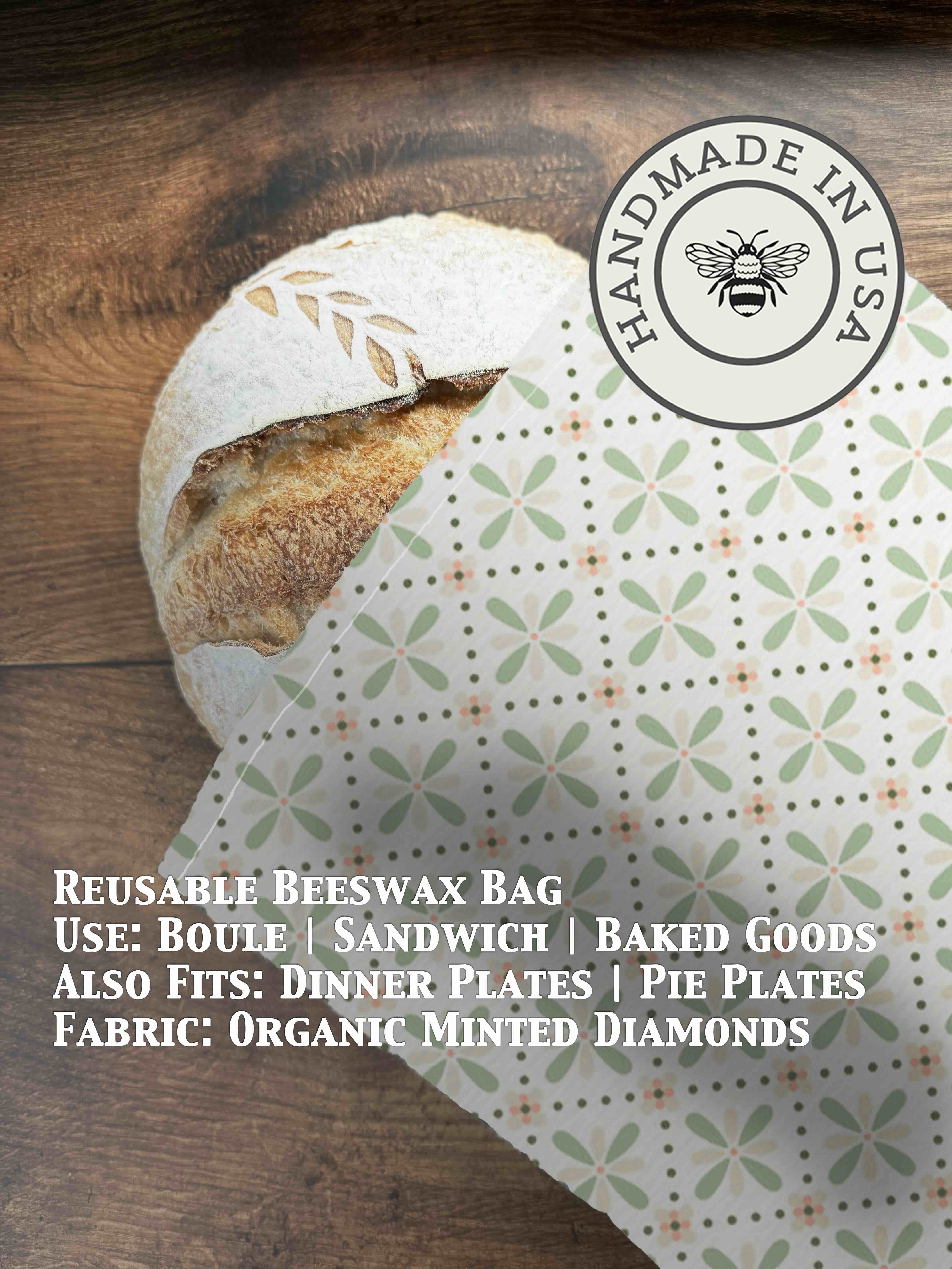 Beeswax bread bag in Minted Diamonds print — organic cotton, plastic-free