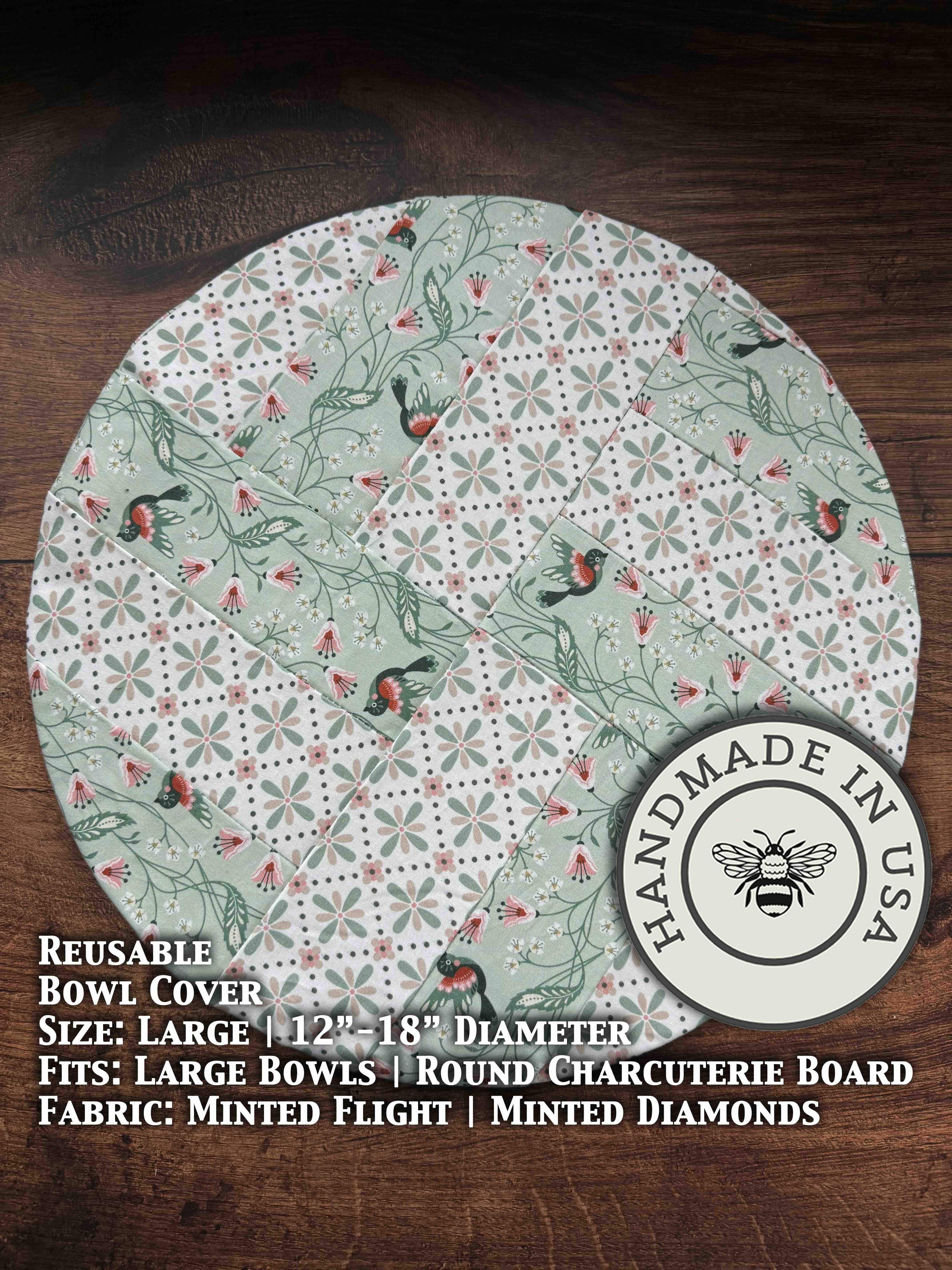 Large cotton bowl cover in Minted pattern — reusable, plastic-free, Five Oaks Farm