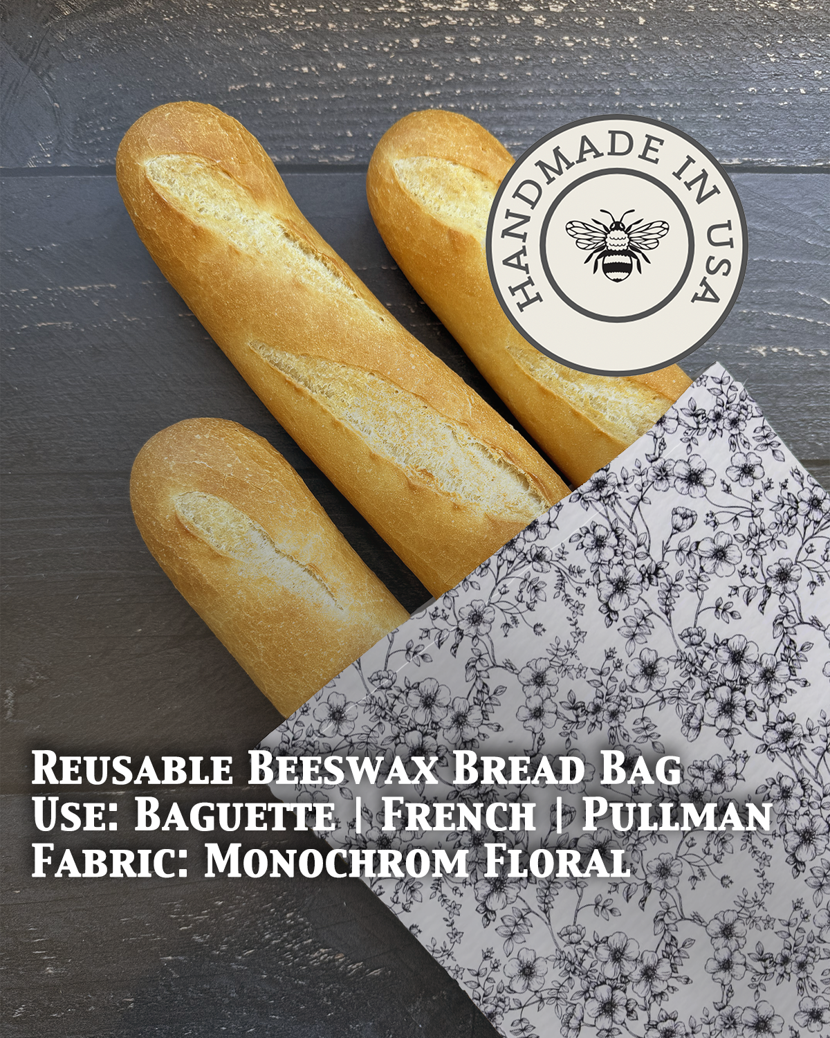 Beeswax baguette bag in Monochrome Floral print — organic cotton, plastic-free