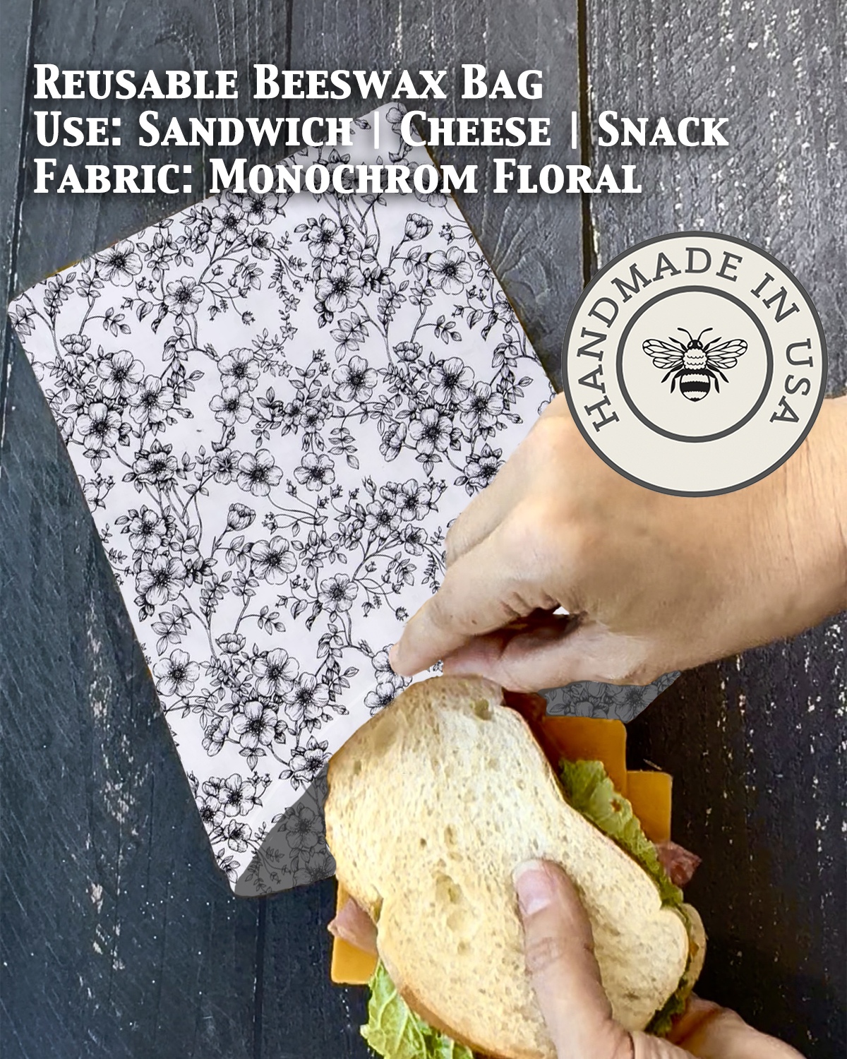 Beeswax snack bag in Monochrome Floral print — organic cotton, plastic-free