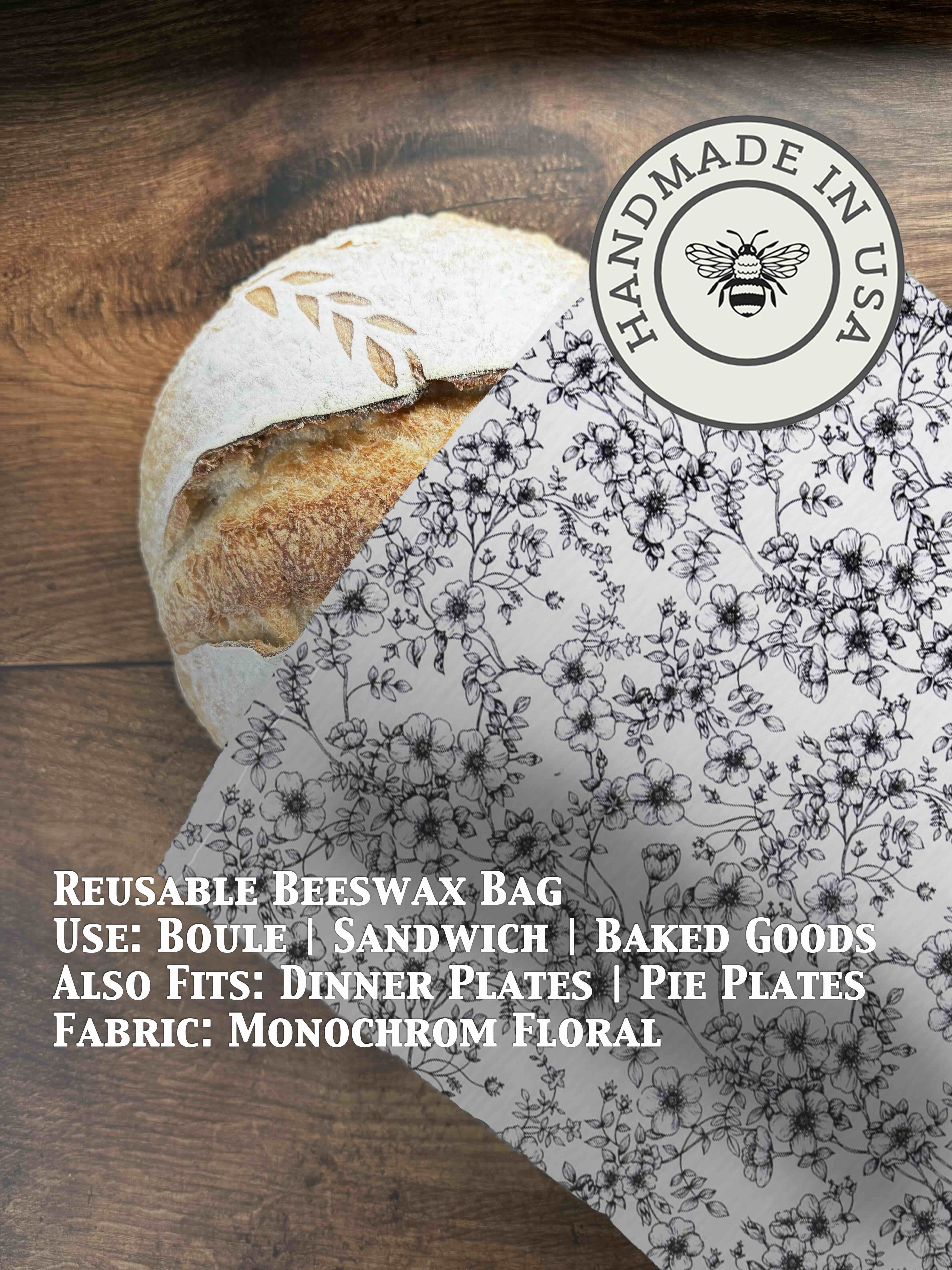 Beeswax bread bag in Monochrome Floral print — organic cotton, plastic-free