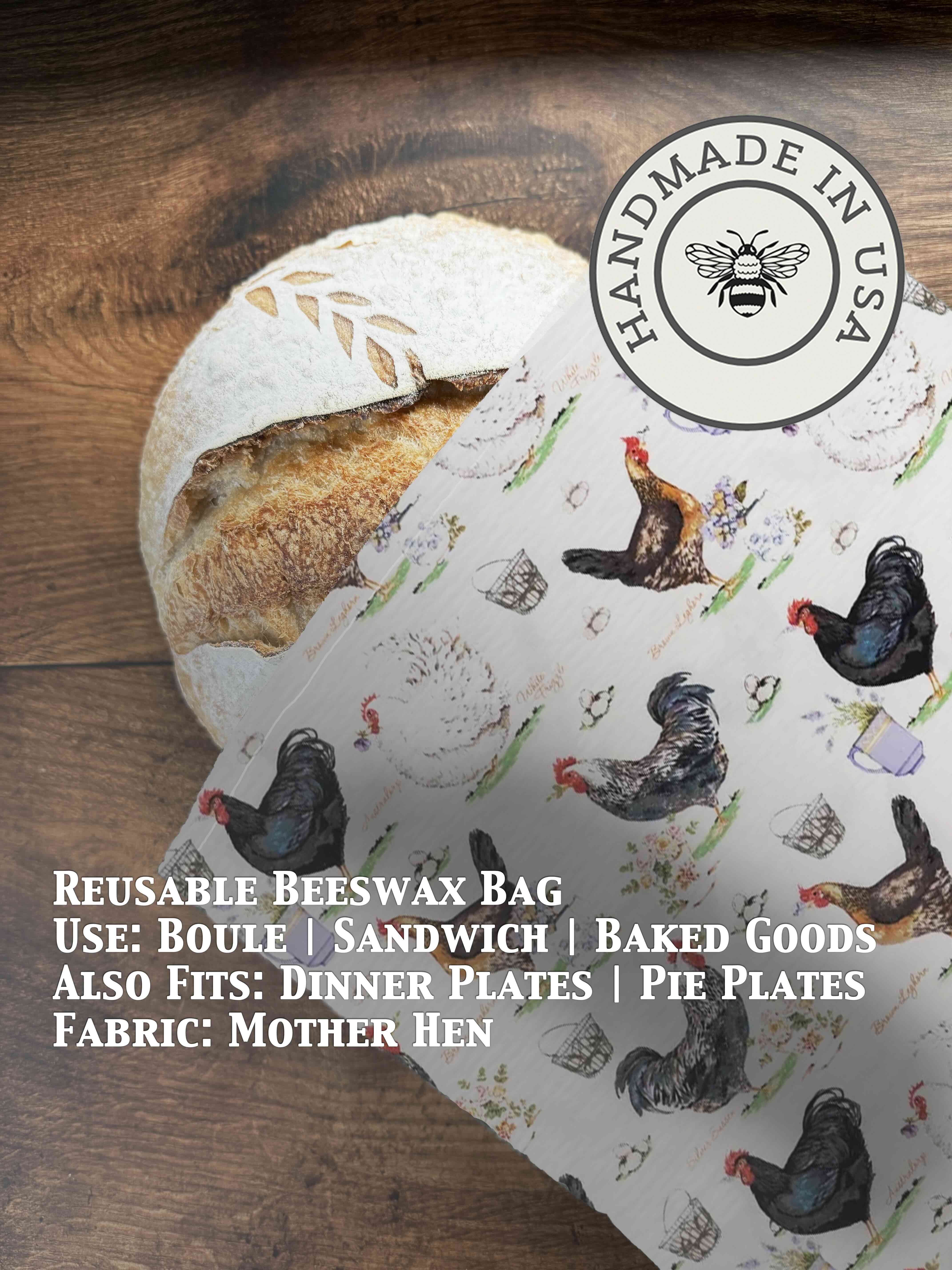 Beeswax bread bag in Mother Hen print — organic cotton, plastic-free
