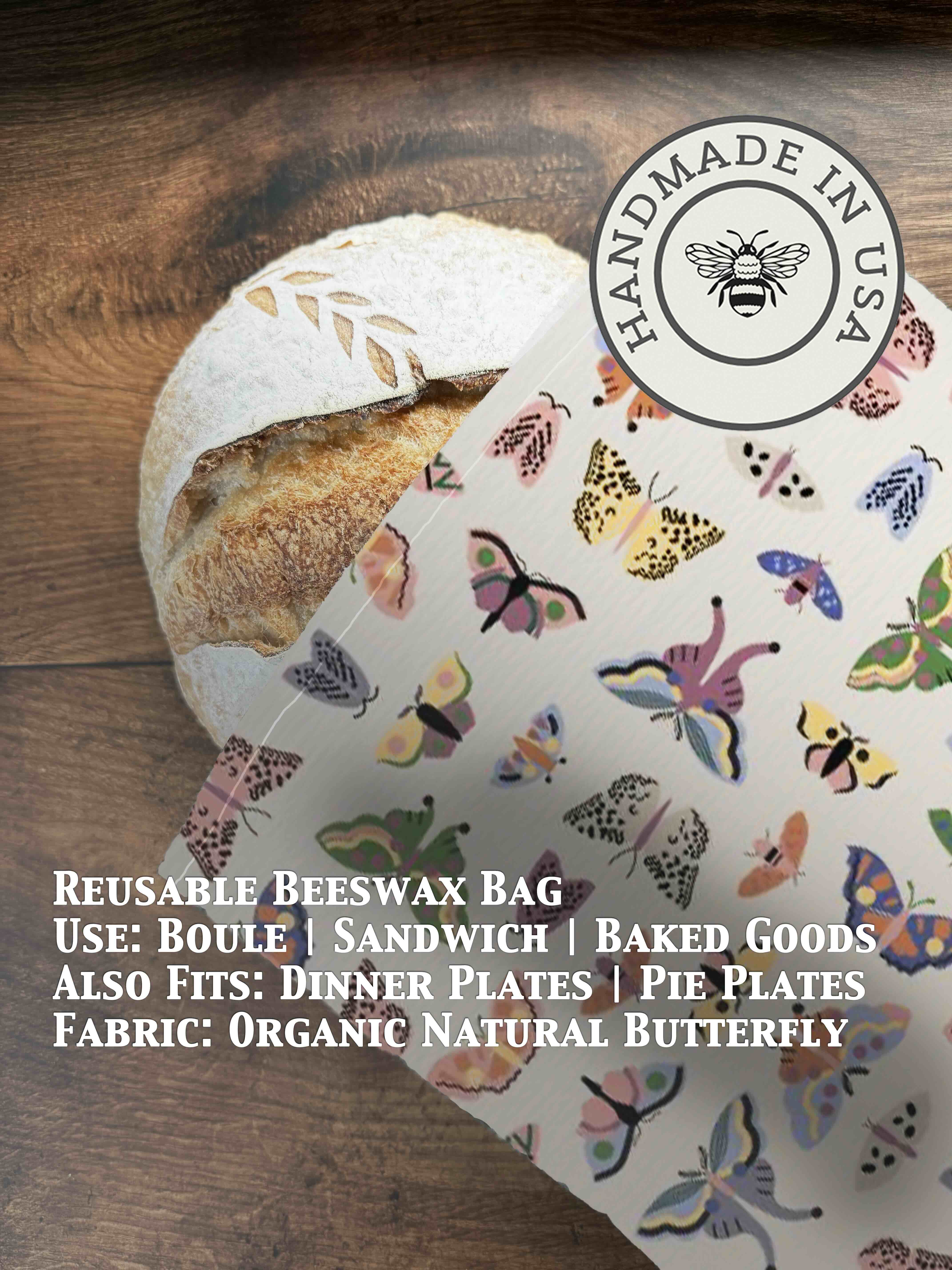 Beeswax bread bag in Natural Butterfly print — organic cotton, plastic-free