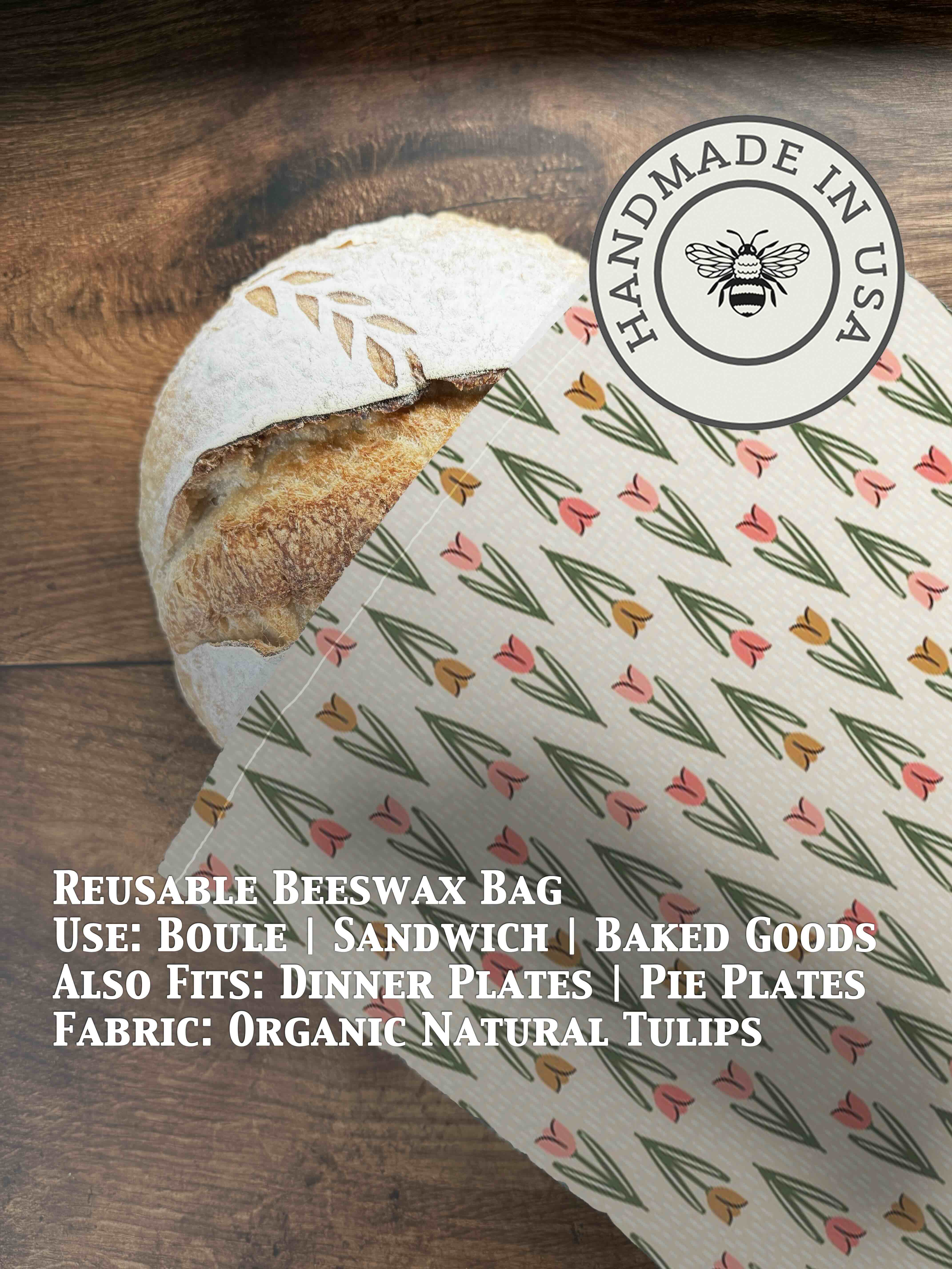 Beeswax bread bag in Natural Tulips print — organic cotton, plastic-free