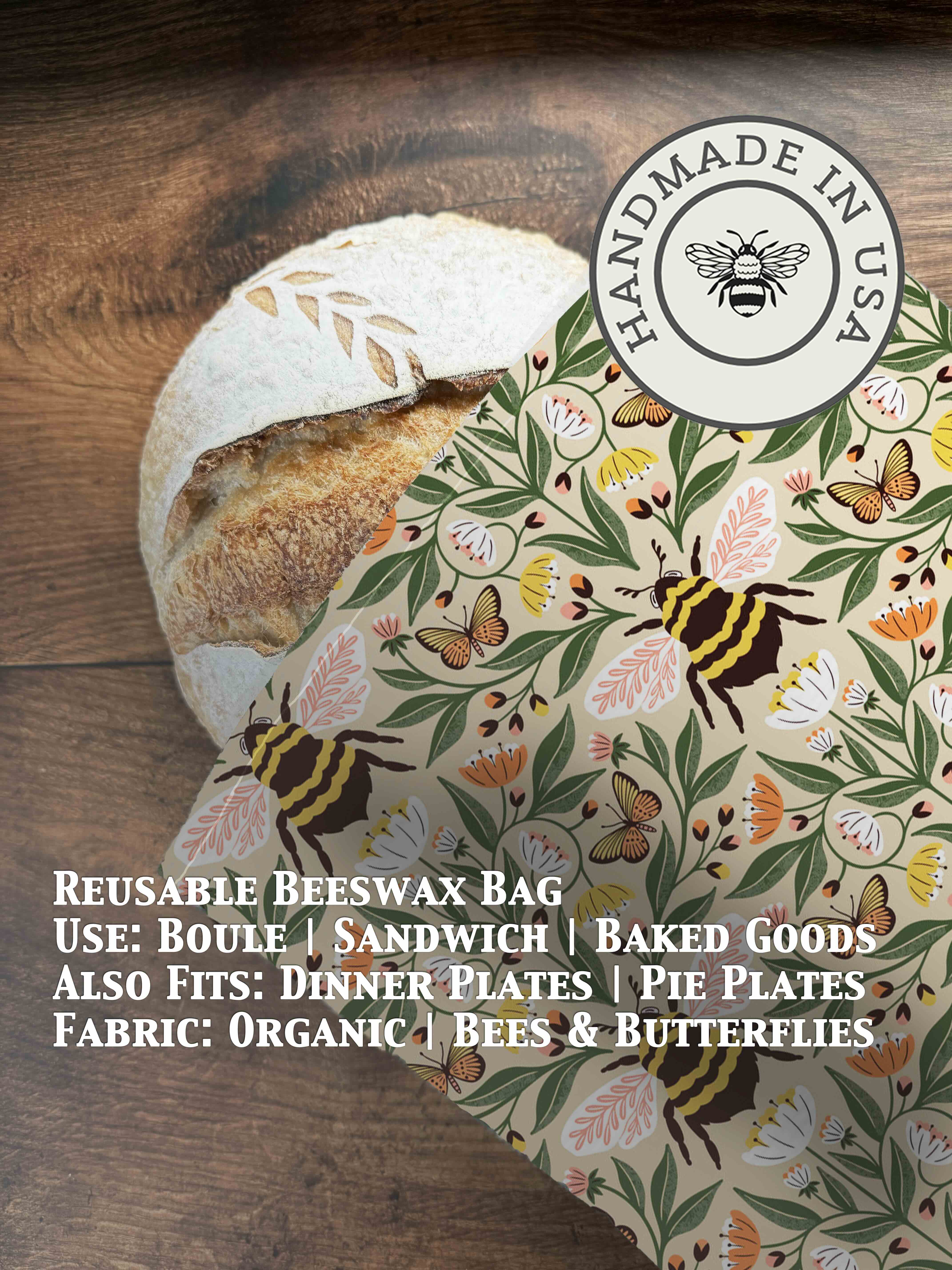 Beeswax bread bag in Bees & Butterflies Light print — organic cotton, plastic-free
