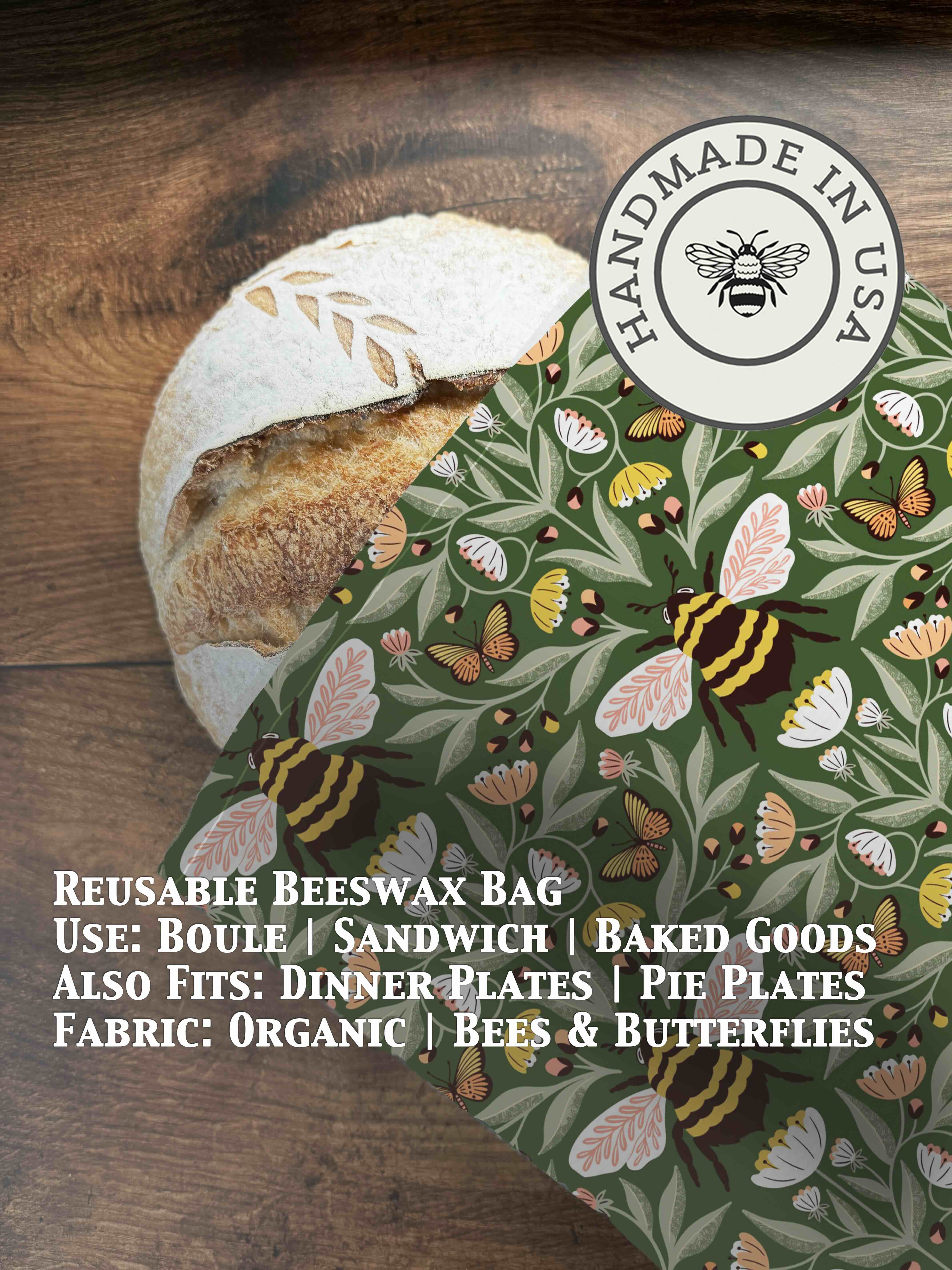 Beeswax bread bag in Bees & Butterflies print — organic cotton, plastic-free