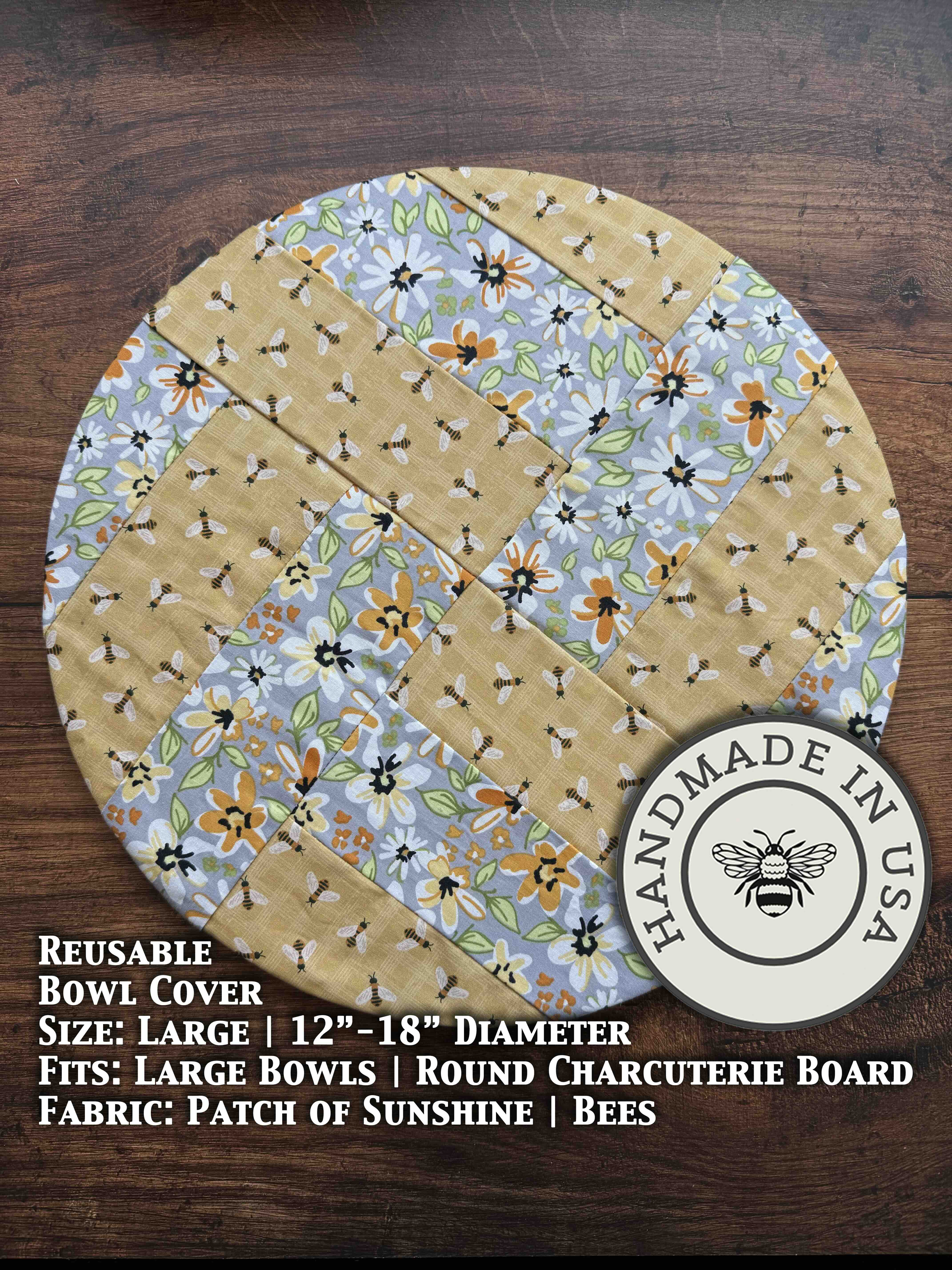 Large cotton bowl cover in Patch of Sunshine pattern — reusable, plastic-free, Five Oaks Farm
