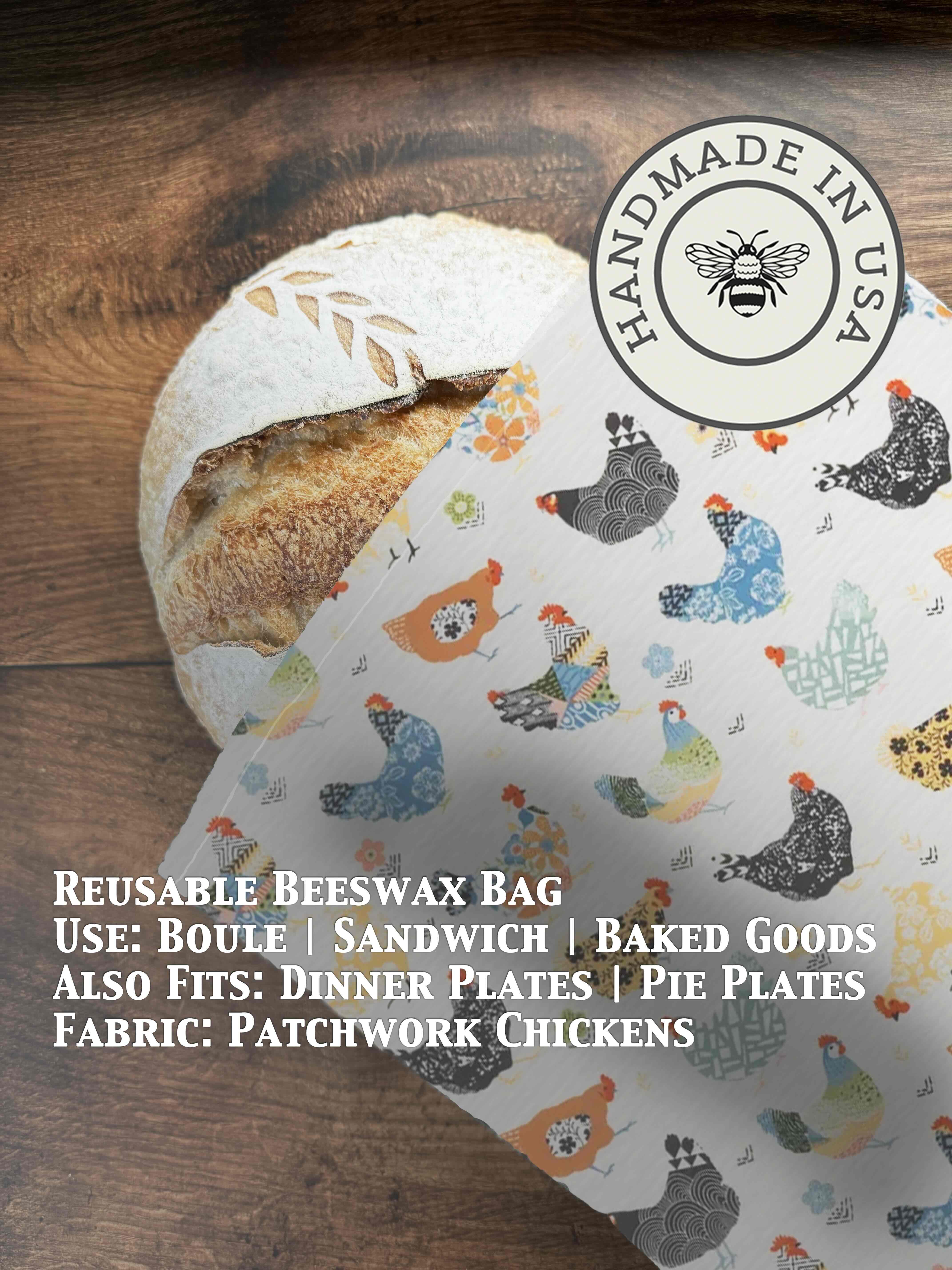 Beeswax bread bag in Patchwork Chickens print — organic cotton, plastic-free
