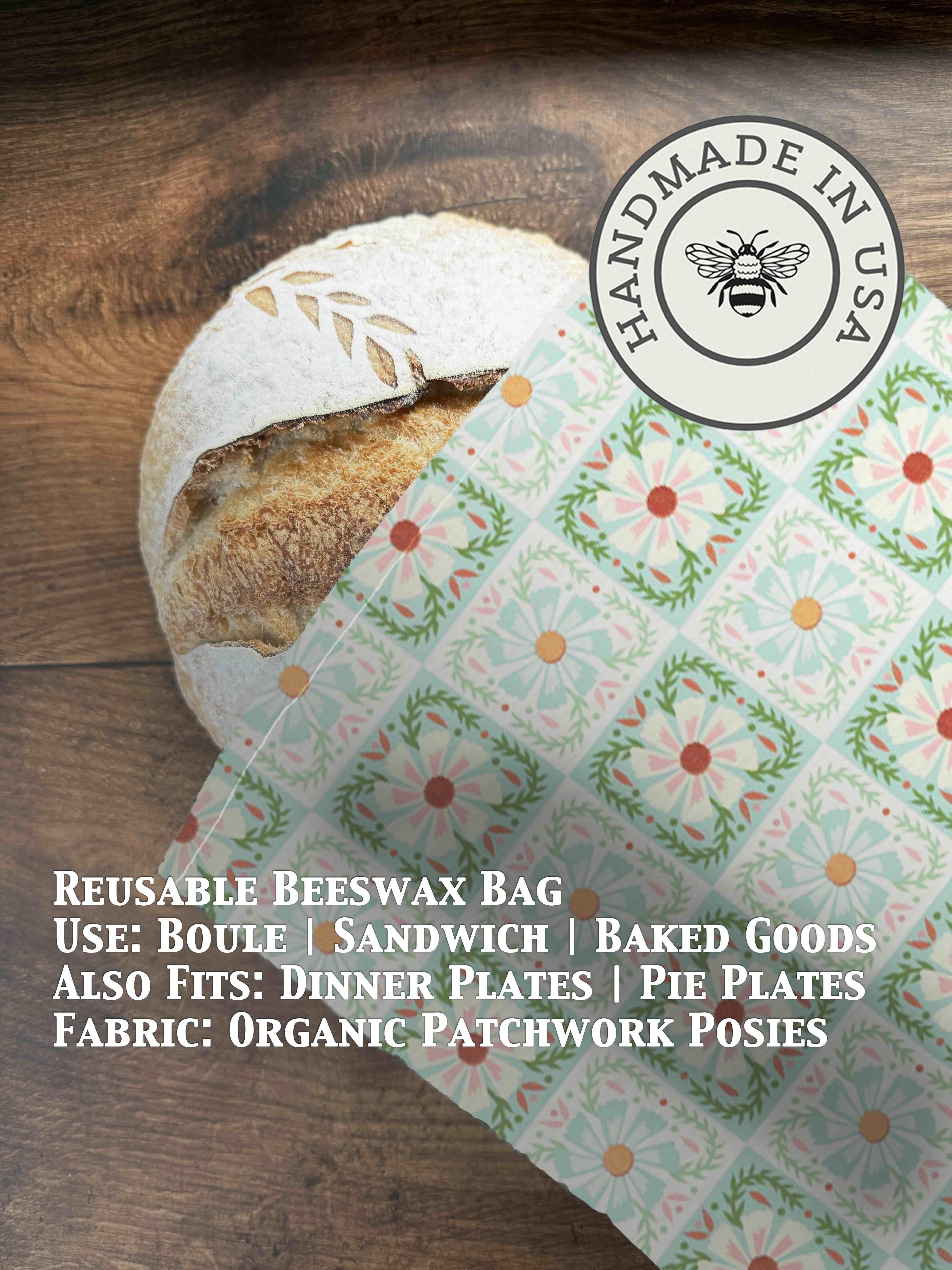 Beeswax bread bag in Patchwork Posies print — organic cotton, plastic-free