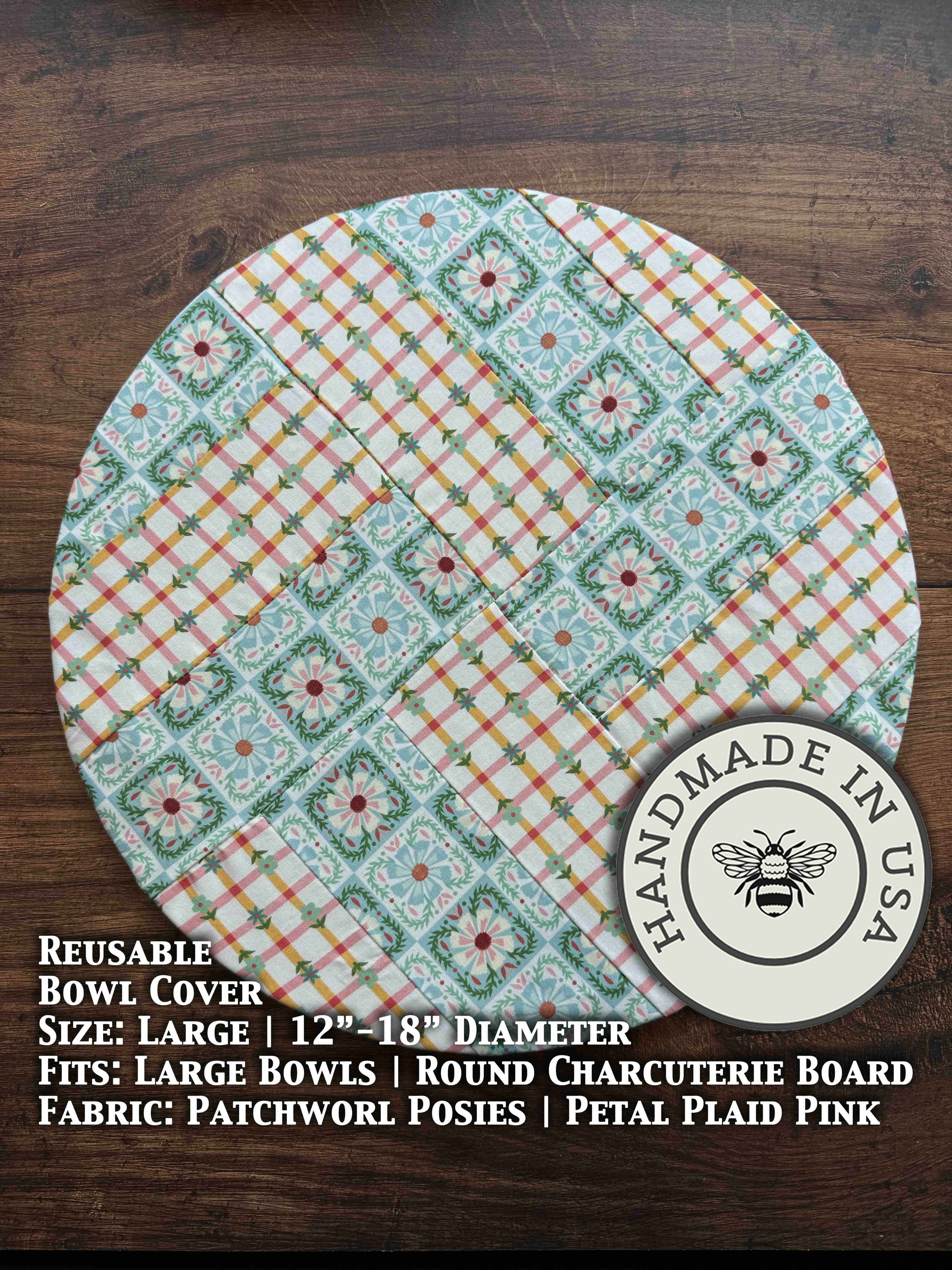 Large cotton bowl cover in Patchwork Posies pattern — reusable, plastic-free, Five Oaks Farm