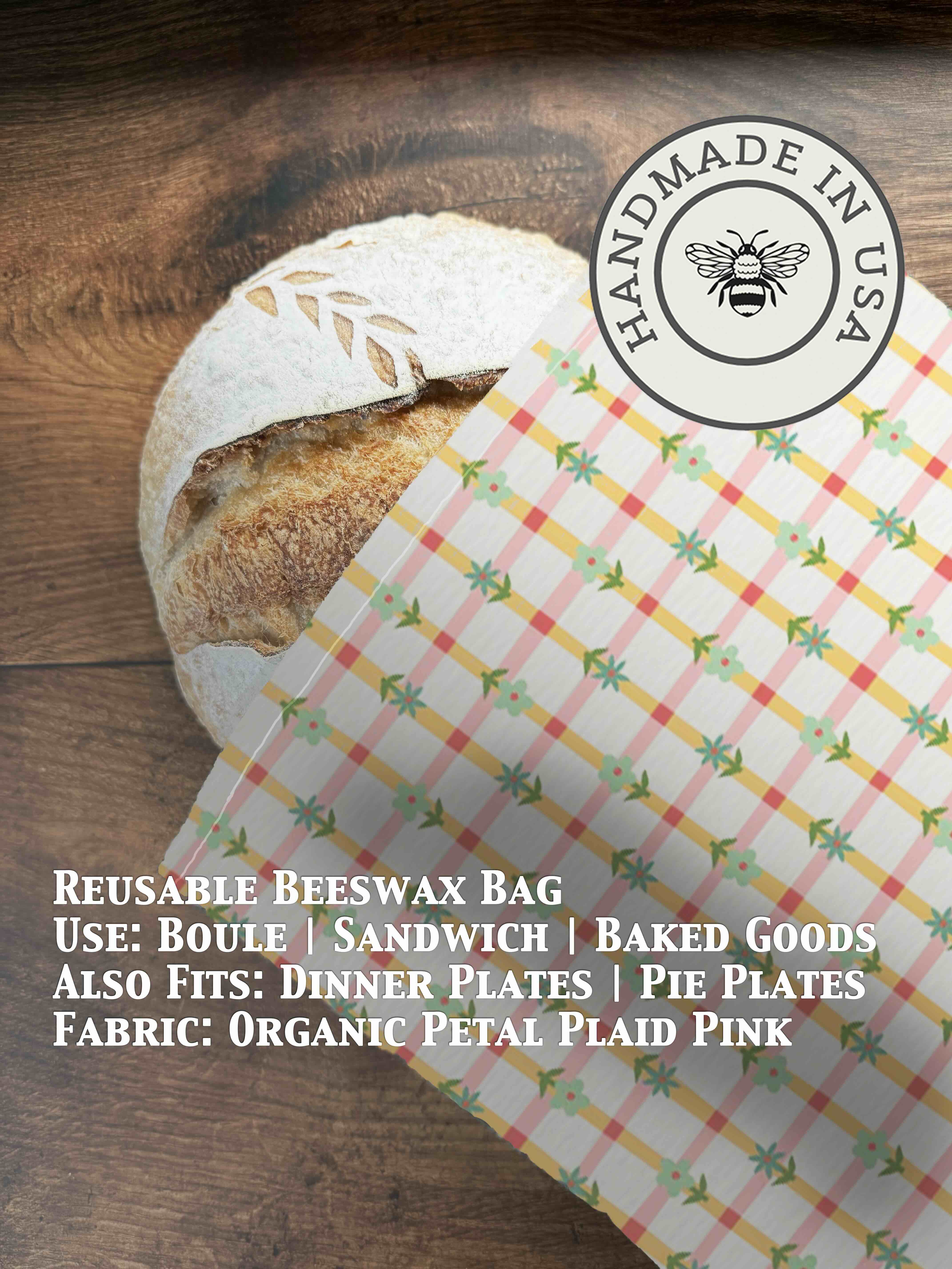Beeswax bread bag in Petal Plaid Pink print — organic cotton, plastic-free
