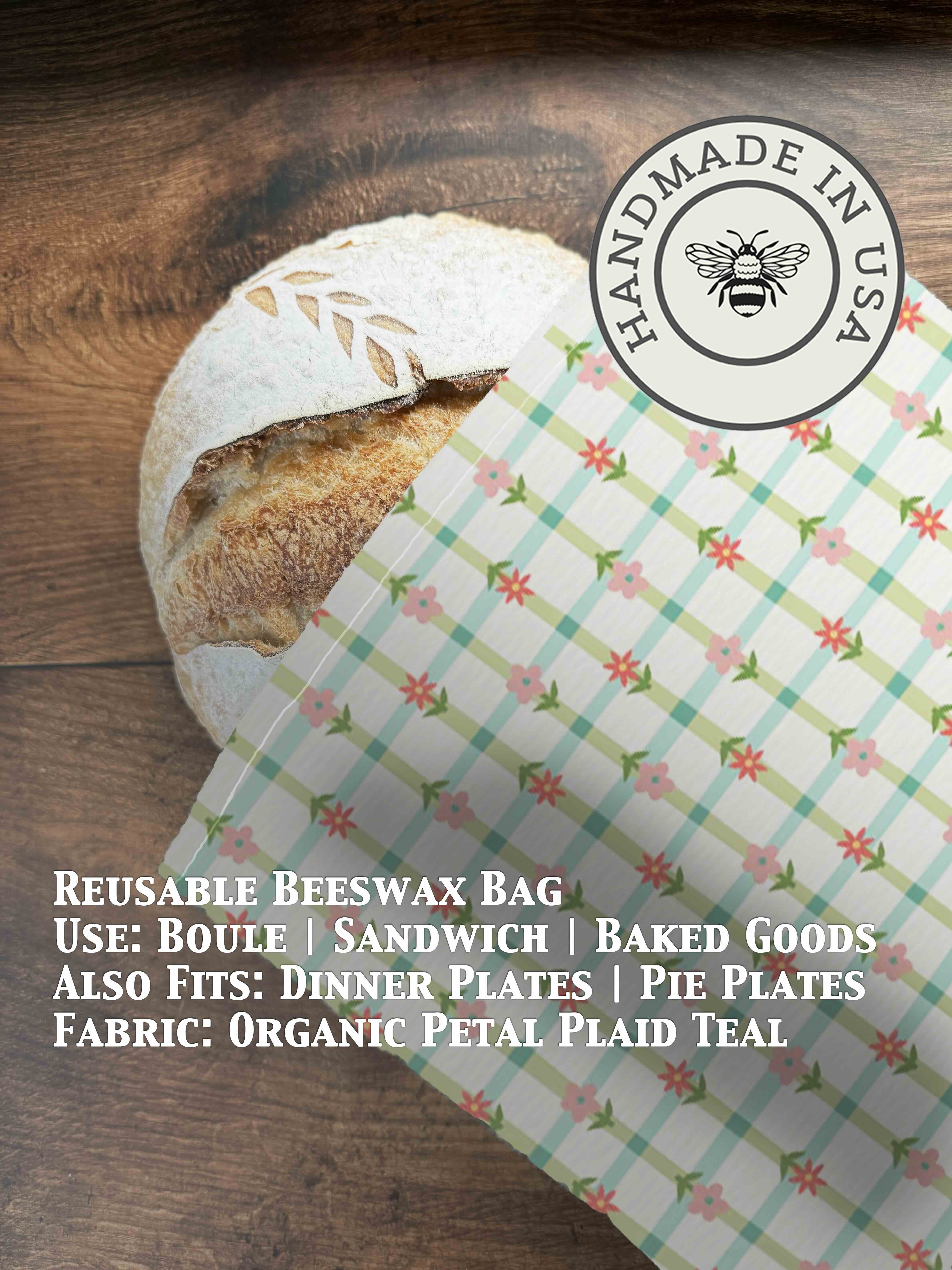 Beeswax bread bag in Petal Plaid Teal print — organic cotton, plastic-free