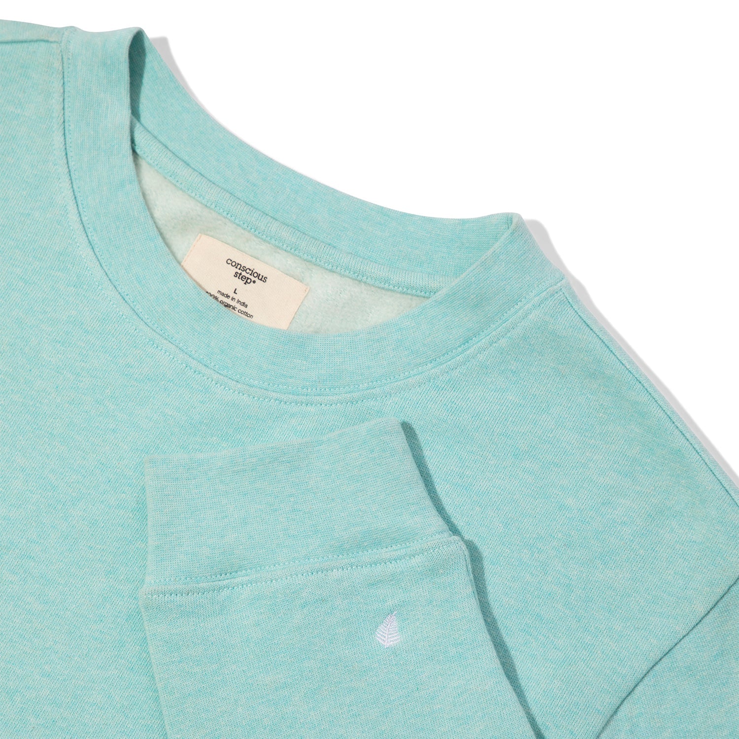 Aqua blue crewneck with fern embroidery — Conscious Step