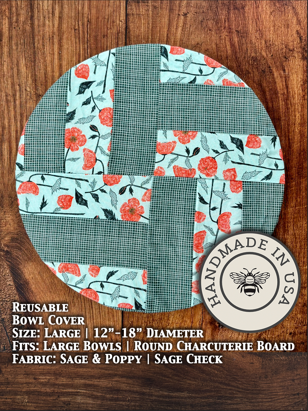 Large cotton bowl cover in Sage & Poppy / Sage Check pattern — Five Oaks Farm