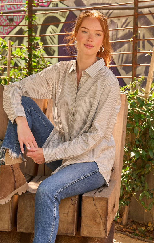 Good Boyfriend Shirt - Menswear Stripe Metallic Silver