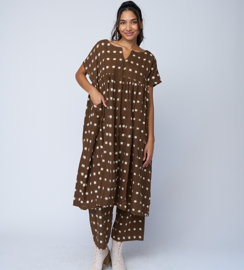 Meadow Dress - Ikat Squares Mocha