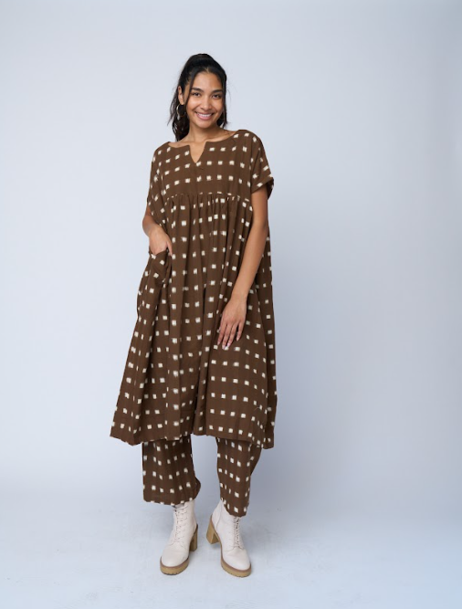 Meadow Dress - Ikat Squares Mocha