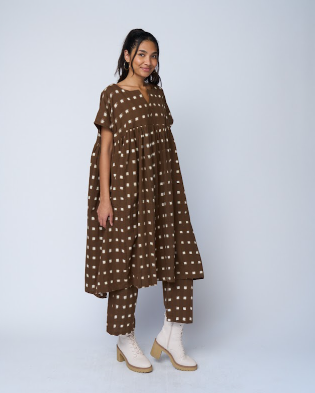 Meadow Dress - Ikat Squares Mocha