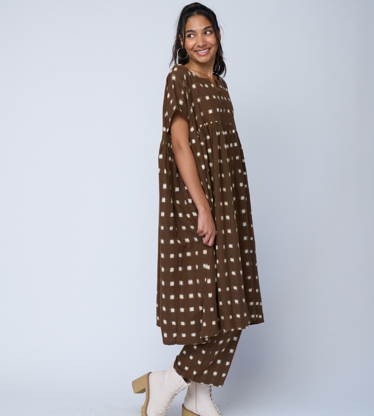 Meadow Dress - Ikat Squares Mocha
